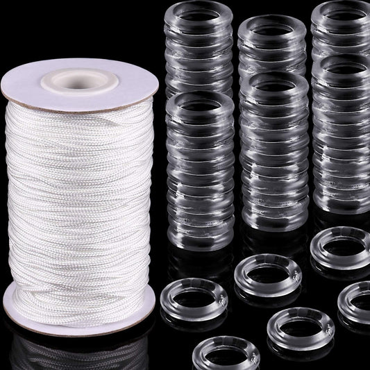 100 Pieces Clear Roman Curtain Rings Blind Roman Ring and 55 Yards Roman Blind Cord 8-13 Mm Transparent Plastic Rings 1.8 Mm White Braided Lift Shade Cord for DIY Roman Curtains