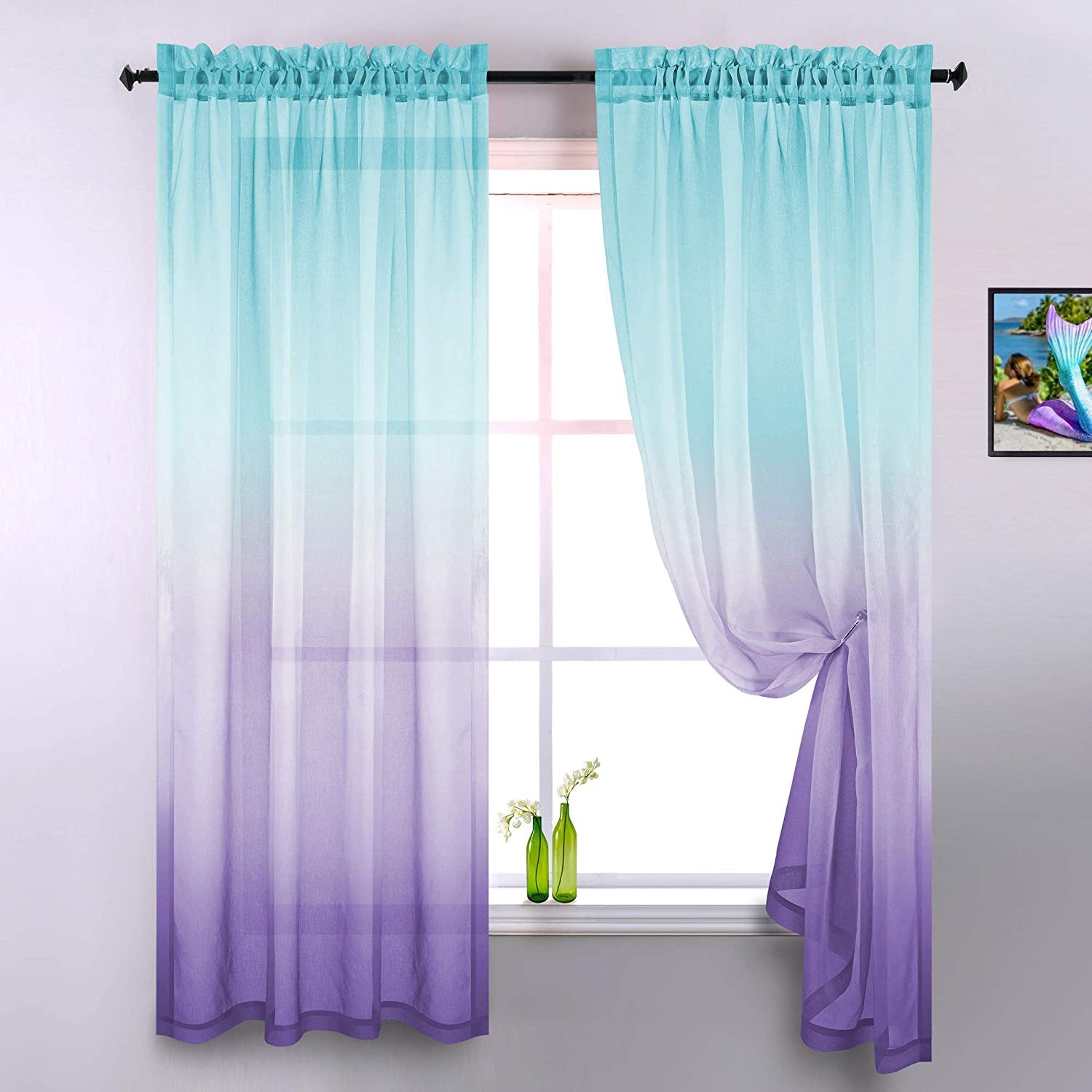 KOUFALL 84 Inch Light Blue Room Darkening Blackout Curtains and Green and Purple Ombre Sheer Curtains Bundle for Living Room Bedroom  KOUFALL   