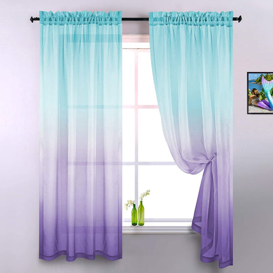 KOUFALL Kids Curtains 2 Panel Set for Bedroom Girls Room Mermaid Decor,Sheer Ombre Baby Curtains for Nursery,Purple and Teal,63 Inch Length  KOUFALL TEXTILE Green And Purple 52X63 