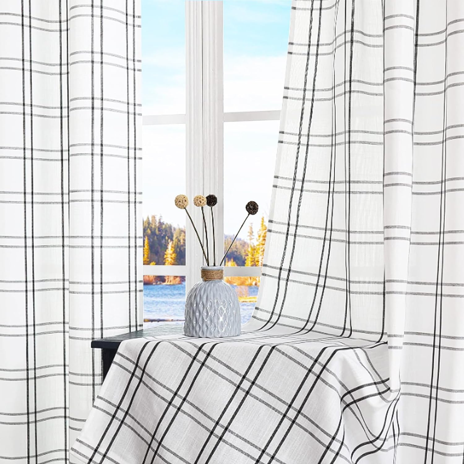 Amzdecor Plaid Window Treatment Set,Light Filtering Curtain Woven Lines Pattern Drapes for Living Room and Bedroom, Semi Sheer Rod Pocket Modern Farmhouse Style 2 Panels 40"X84",Liene&White.  Amzdecor Black 40"X63"X2 