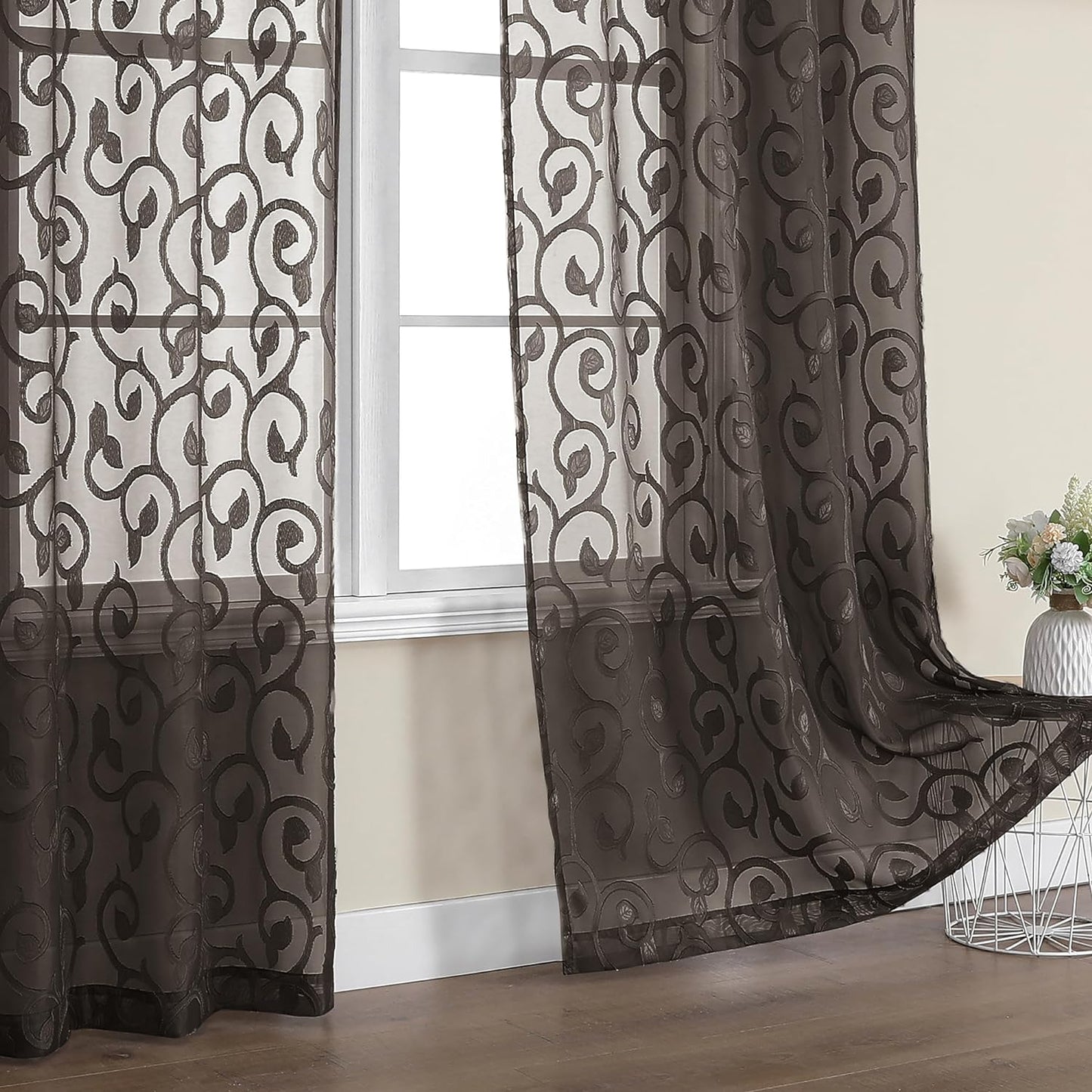 OWENIE Furman Sheer Curtains 84 Inches Long for Bedroom Living Room 2 Panels Set, Light Filtering Window Curtains, Semi Transparent Voile Top Dual Rod Pocket, Grey, 40Wx84L Inch, Total 84 Inches Width  OWENIE Chocolate 40W X 84L 
