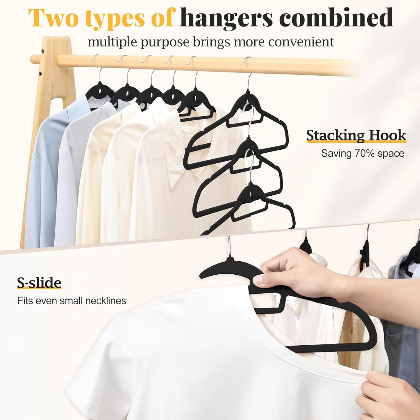 Black Velvet Hangers 50 Pack, S-Shaped and Stackable Non Slip Felt Hanger with 360°Swivel Hook, Ultra Thin and Space Saving Flocked Hangers for Suits, Shirts, Coats, 15Lbs Capacity Heavy Duty
