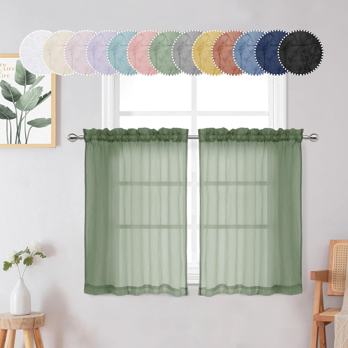 Chyhomenyc Crushed White Sheer Valances for Window 14 Inch Length 2 PCS, Crinkle Voile Short Kitchen Curtains with Dual Rod Pockets，Gauzy Bedroom Curtain Valance，Each 42Wx14L Inches  Chyhomenyc Sage Green 28 W X 24 L 