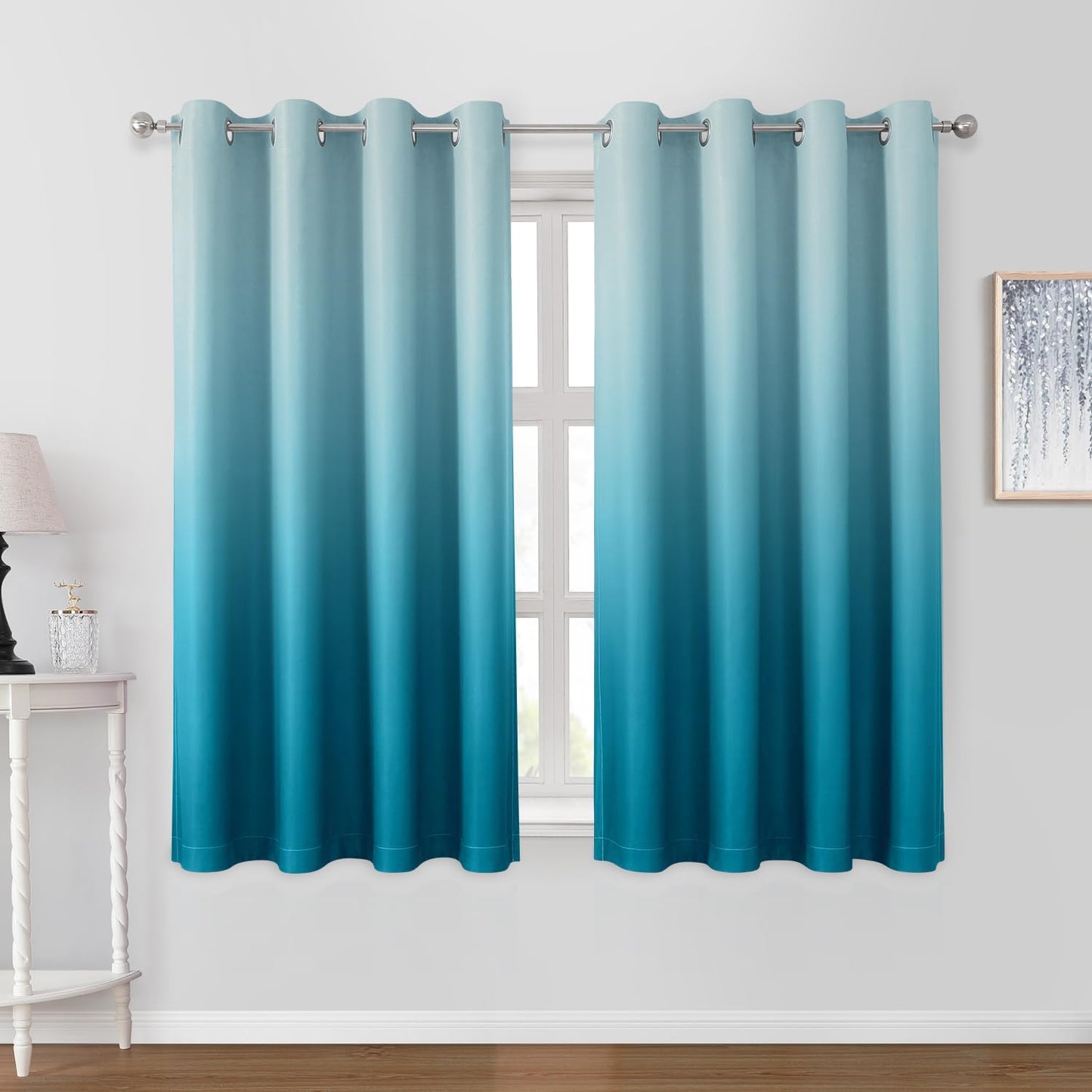 HOMEIDEAS Navy Blue Ombre Blackout Curtains 52 X 84 Inch Length Gradient Room Darkening Thermal Insulated Energy Saving Grommet 2 Panels Window Drapes for Living Room/Bedroom  HOMEIDEAS Turquoise 52"W X 63"L 