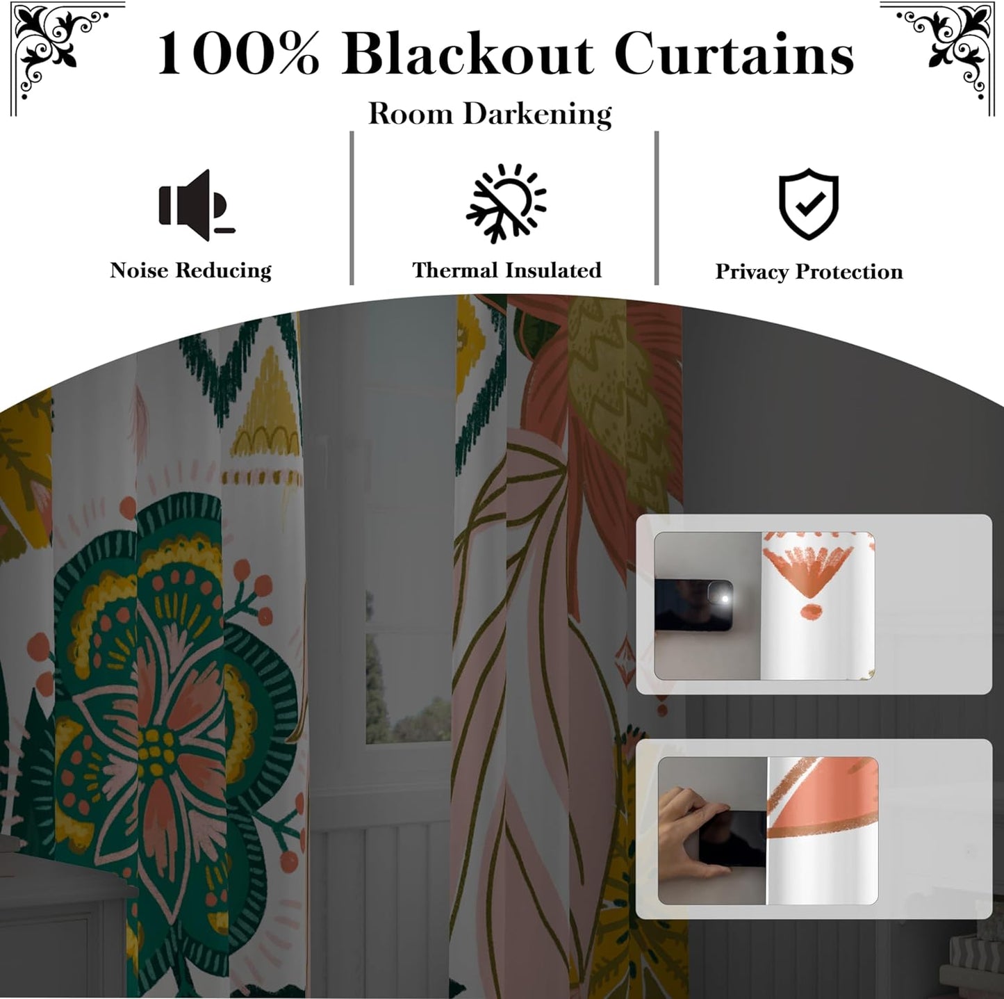 Boho Floral 100% Blackout Curtains for Living Room 96 Inch Long 2 Panels Mid Century Botanical Black Out Curtains for Bedroom Grommet Thermal Insulated Room Darkening Window Drapes,52Wx96L  Tyrot   