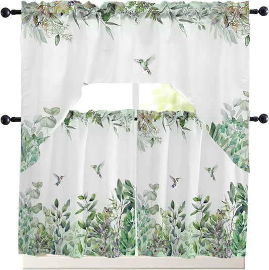 Green Eucalyptus Kitchen Curtains Swag Valance and Tier Curtains Set 24 Inch Length, Animal Bird Botanical Plant Herb Rod Pocket Drape Panels Pair Swag Curtains for Bathroom/Cafe/Window