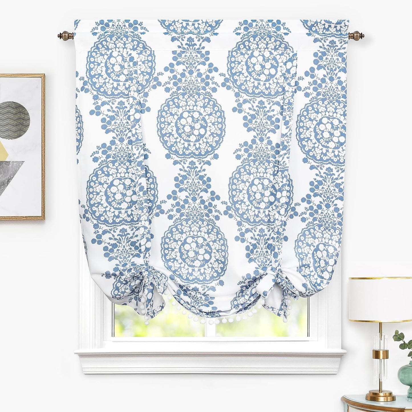 Driftaway Damask Curtains for Kitchen Bathroom Laundry Room Small Windows Floral Damask Medallion Patterned Adjustable Tie up Curtain Single 45 Inch by 63 Inch Dusty Blue  DriftAway Blue (8)45"X63" With Pom(Tie Up) 