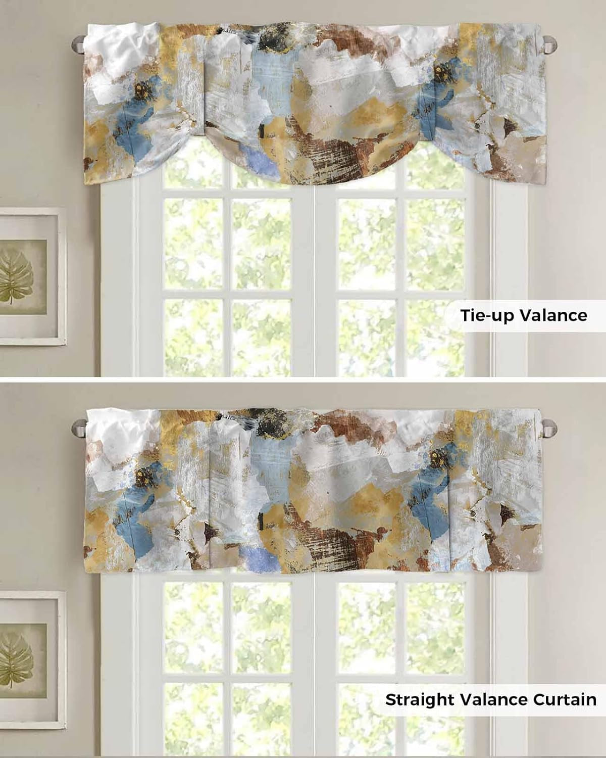 Brown Blue Abstract Tie up Valance Curtains for Windows, Kitchen Curtains Window Treatments, Modern Oil Painted Art Short Window Shades Valances for Bedroom Bathroom Cafe 60"X18"