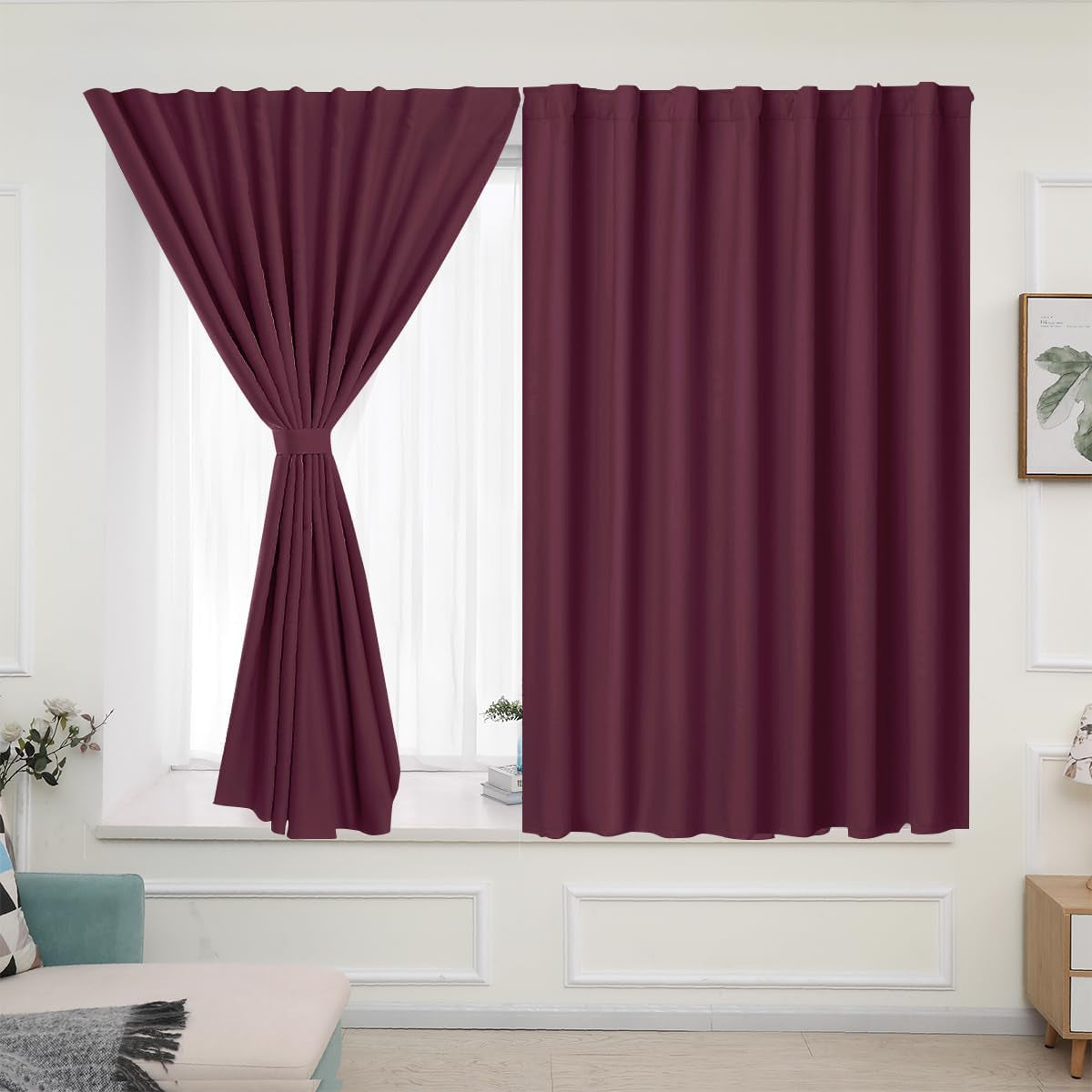 Muamar 2Pcs Blackout Curtains Privacy Curtains 63 Inch Length Window Curtains,Easy Install Thermal Insulated Window Shades,Stick Curtains No Rods, Black 42" W X 63" L  Muamar Wine 29"W X 36"L 