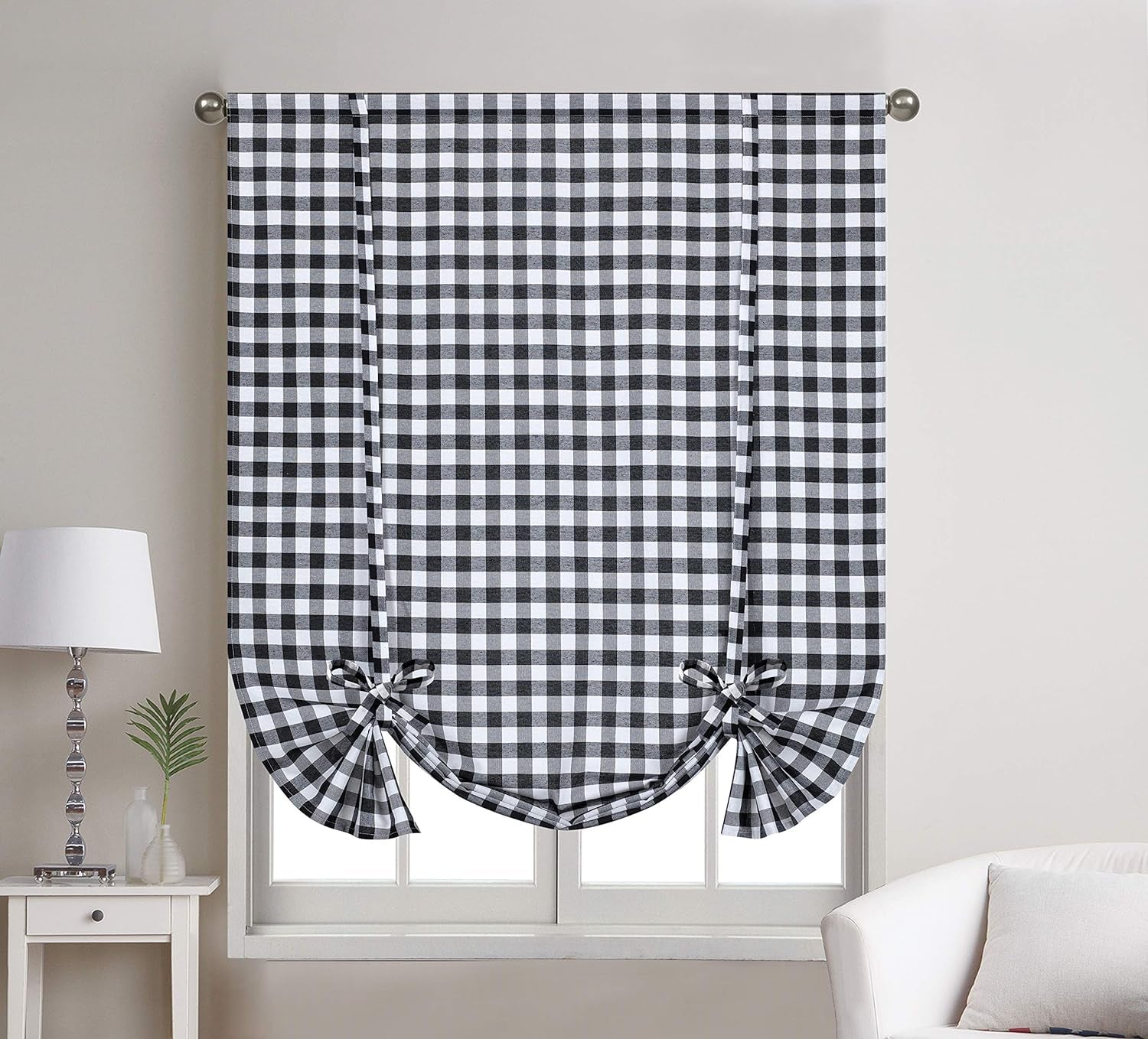 1 Piece Buffalo Check Plaid Gingham Rod Pocket Window Tie up Shade Curtain Panel (42" X 63", Taupe/Beige)
