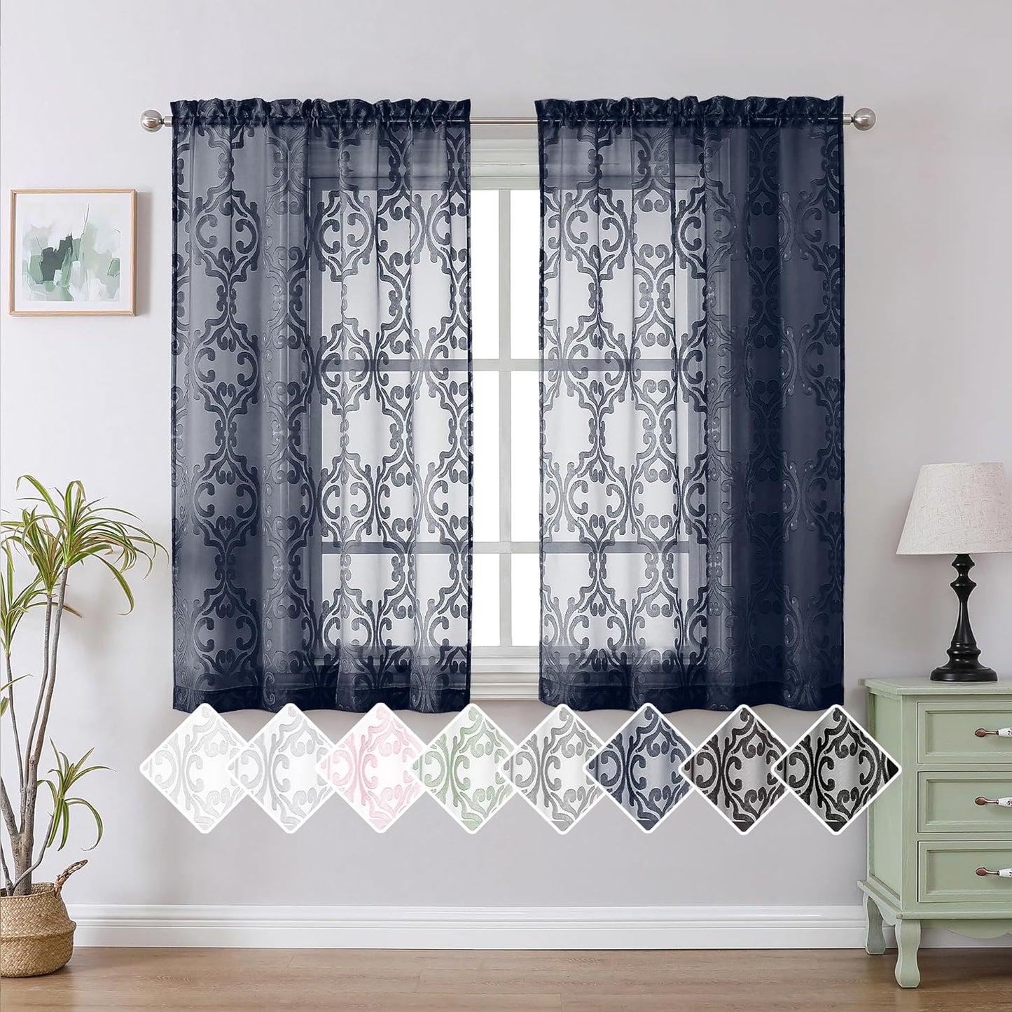 Aiyufeng Suri 2 Panels Sheer Sage Green Curtains 63 Inches Long, Light & Airy Privacy Textured Sheer Drapes, Dual Rod Pocket Voile Clipped Floral Luxury Panels for Bedroom Living Room, 42 X 63 Inch  Aiyufeng Navy Blue 2X42X54" 
