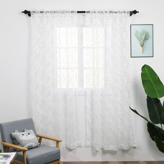 Rloncomix White Sheer Curtains Decorative Leaves Knitted Textured Rod Pocket Semi Light Filtering Airy Window Drapes for Bedroom Kitchen, 52 X 63 Inch, 2 Panels  BAIHT HOME White 52"W X 72"L | 2 Pcs 