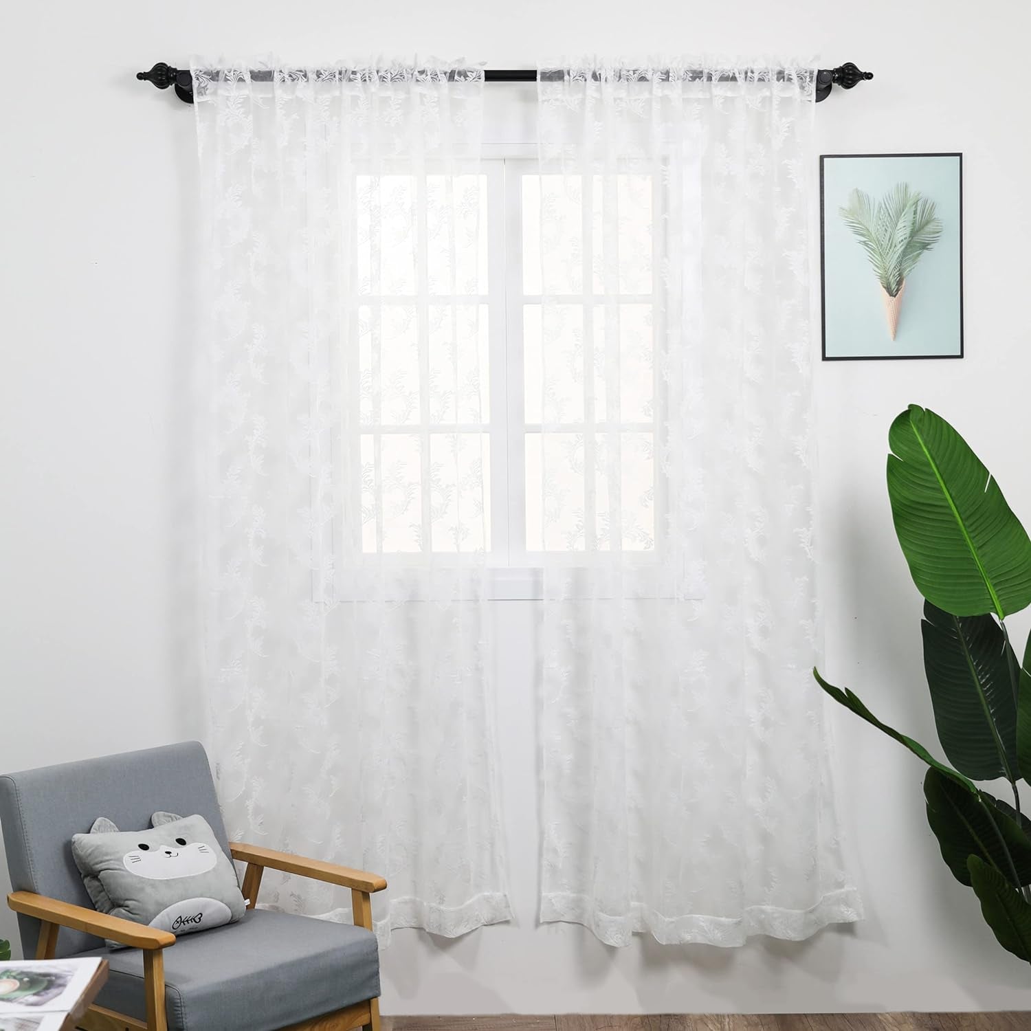 Rloncomix Grey Sheer Curtains Decorative Leaves Knitted Textured Rod Pocket Semi Light Filtering Airy Window Drapes for Bedroom Kitchen, 52 X 63 Inch, 2 Panels  BAIHT HOME White 52"W X 72"L | 2 Pcs 