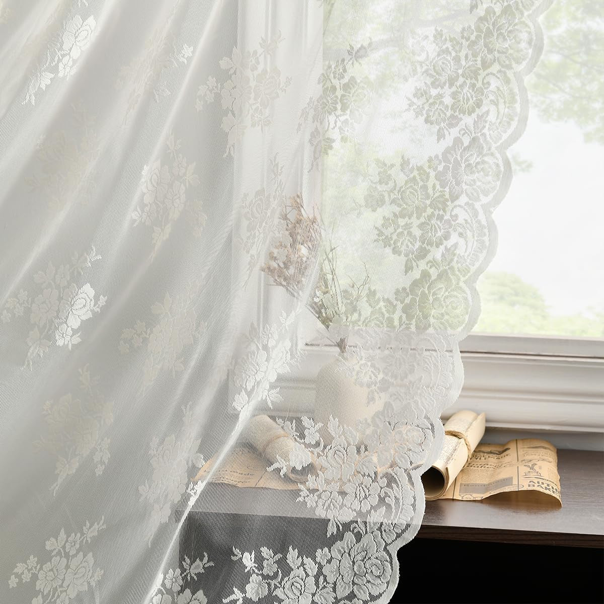 Kotile Sage Green Sheer Valance Curtain for Windows, Rustic Floral Spring Sheer Window Valance Curtain 18 Inch Length, Light Filtering Rod Pocket Lace Valance, 52 X 18 Inch, 1 Panel, Sage Green  Kotile Textile Ivory 52 In X 84 In (W X L) 