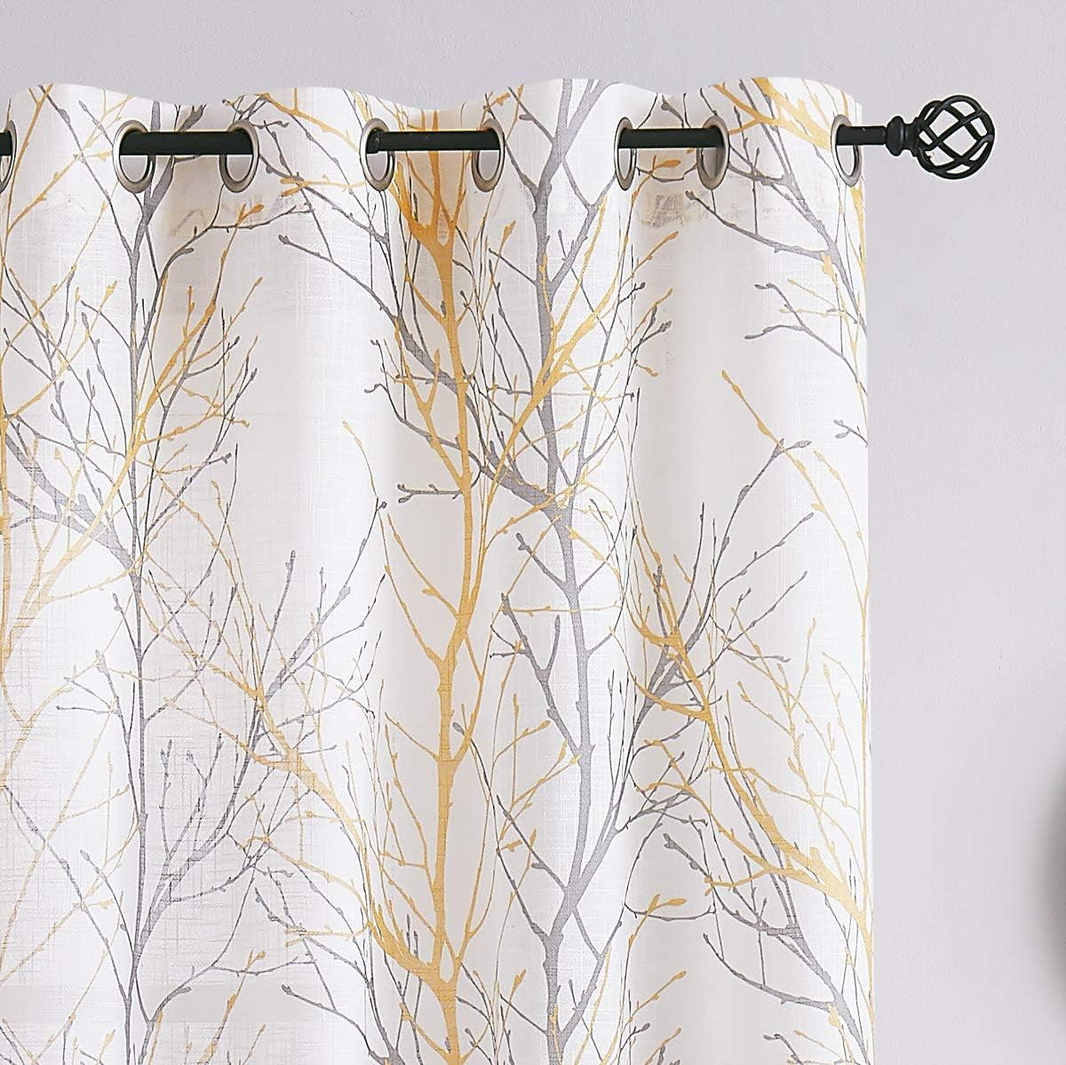 FMFUNCTEX Blue White Curtains for Kitchen Living Room 72“ Grey Tree Branches Print Curtain Set for Small Windows Linen Textured Semi-Sheer Drapes for Bedroom Grommet Top, 2 Panels  Fmfunctex Yellow 50" X 84" |2Pcs 