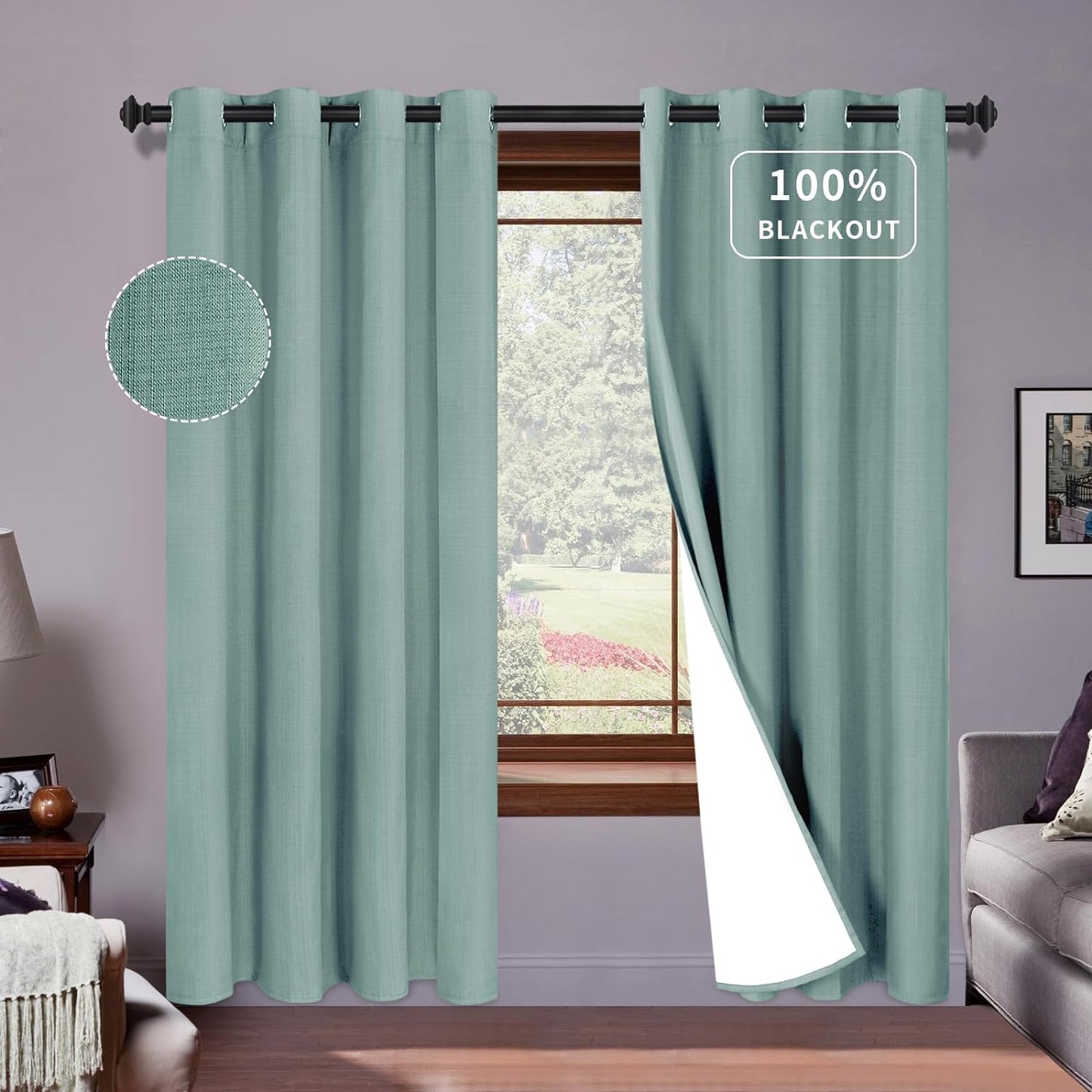 Purefit White Linen Blackout Curtains 84 Inches Long 100% Room Darkening Thermal Insulated Window Curtain Drapes for Bedroom Living Room Nursery with Anti-Rust Grommets & Energy Saving Liner, 2 Panels  PureFit Dusk Blue 52"W X 84"L 