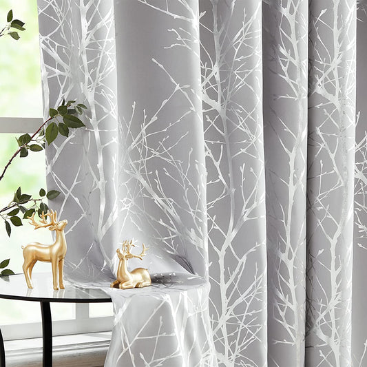 FMFUNCTEX Metallic Tree Blackout Curtains Bedroom Grey 84-Inch Living-Room Branch Print Curtain Panels Forest Triple Weave Thermal Insulated Drapes for Windows Dorm Hotel Grommet Top, 2Panels  Fmfunctex Silver /Grey 50"W X 63"L 2Pcs 
