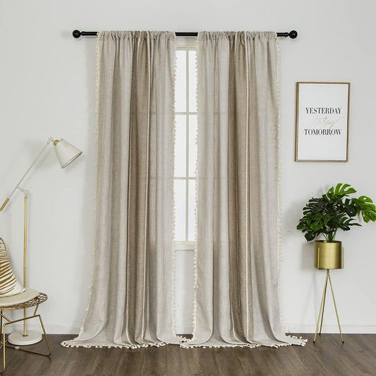 Amidoudou 1 Pair Cotton Linen Boho Curtains with Tassel, Farmhouse Curtains for Bedroom Living Room (Beige and Coffee, 2 X 54 X 96 Inch)  Amidoudou Beige And Coffee 2 X 39" X 84" 
