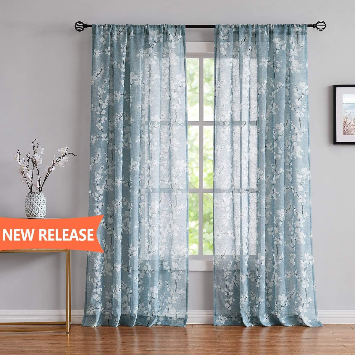 FMFUNCTEX Blue-White Sheer Curtains for Living-Room 84" Long Blossom Print on Flax Linen Blend Window Curtain Panels 2 Pack Rod Pocket, 50" W  Fmfunctex   