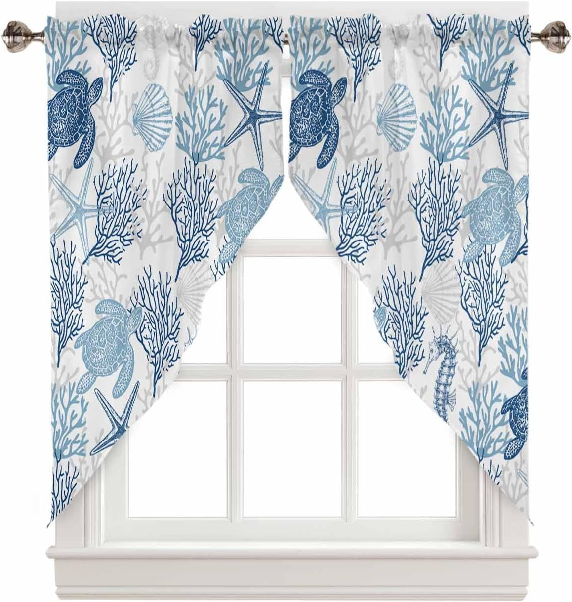 Coastal Swag Curtains,Blue Turtle Seahorse Kitchen Swag Curtains Rod Pocket Valances Tier Pair Swag Topper,Ocean Starfish Coral Shell 2 Panels Window Treatment for Bathroom Living Room Bedroom