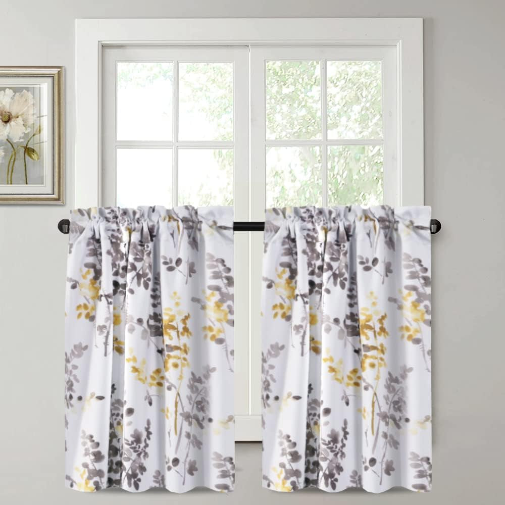 H.VERSAILTEX Blackout Tie up Curtain - Thermal Insulated Balloon Curtain for Small Window Adjustable Kitchen Tie up Curtain (Floral Pattern in Bluestone and Taupe, Rod Pocket Panel, 42" W X 45" L)