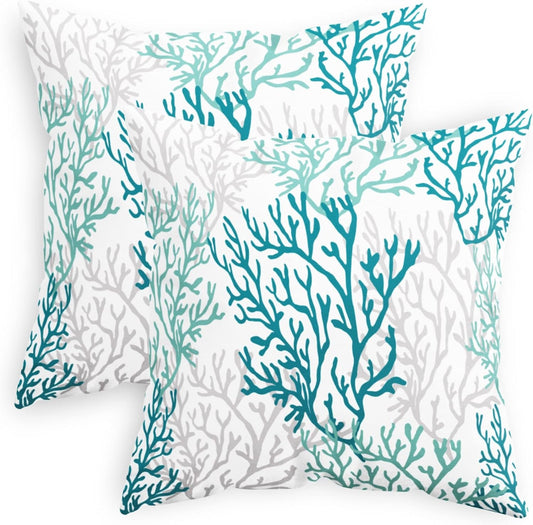 Calitime Throw Pillow Cases Pack of 2 Cozy Fleece Three-Tone Sea Coral Tree Decorative Cushion Covers for Couch Bed Sofa Farmhouse Decoration 18 X 18 Inches Teal Grayed Jade Grey