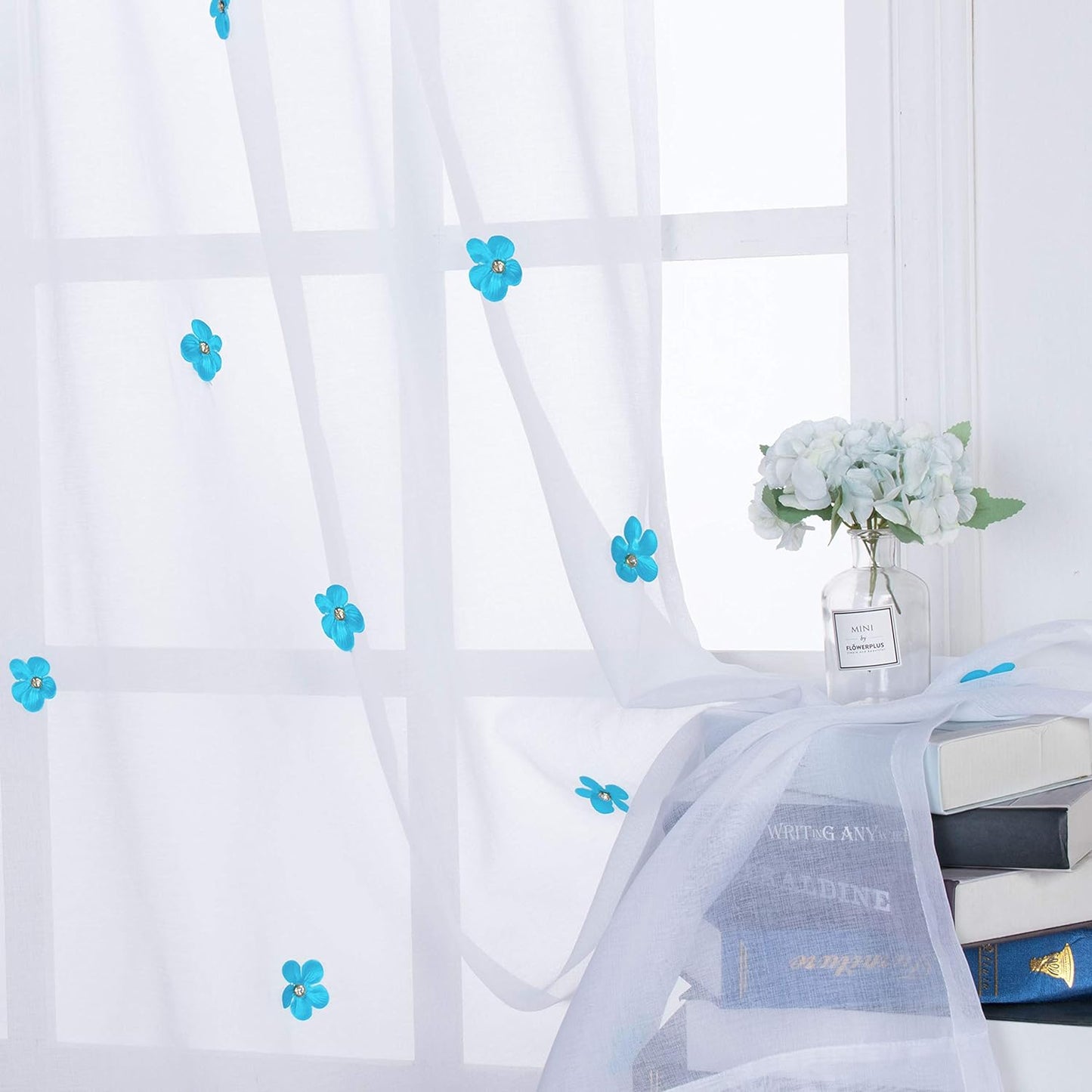 BONZER Sheer Floral Curtains for Nursery Room Linen Look Handmade Flower Pins Rod Pocket Window Voile for Kids Bedroom, Grey, 52 X 84 Inch,Set of 2 Panels  BONZER Turquoise 52 X 84 Inch 