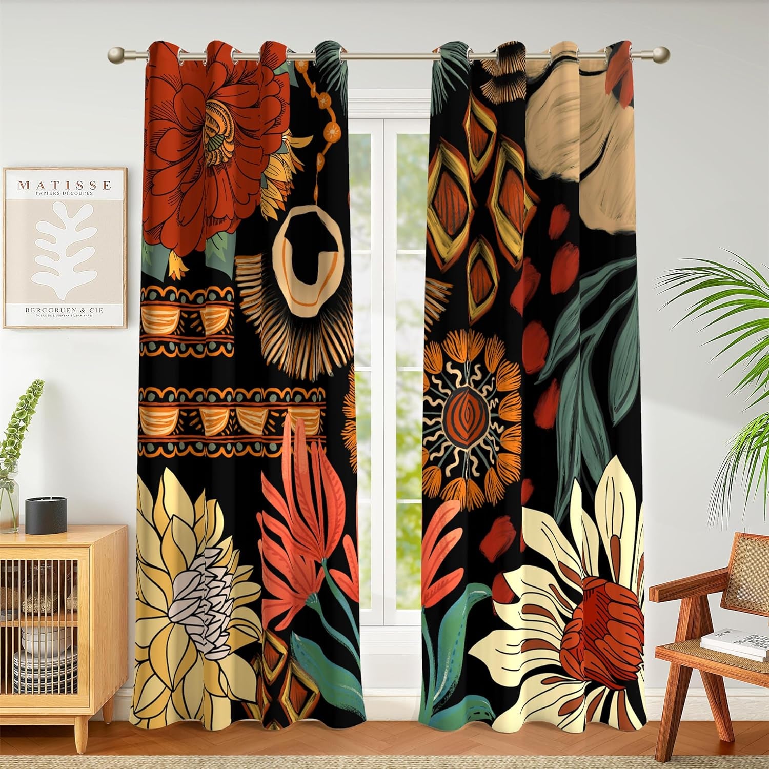 Boho Floral 100% Blackout Curtains for Living Room 96 Inch Long 2 Panels Mid Century Botanical Black Out Curtains for Bedroom Grommet Thermal Insulated Room Darkening Window Drapes,52Wx96L  Tyrot Black Boho Floral 52W X 84L Inch X 2 Panels 