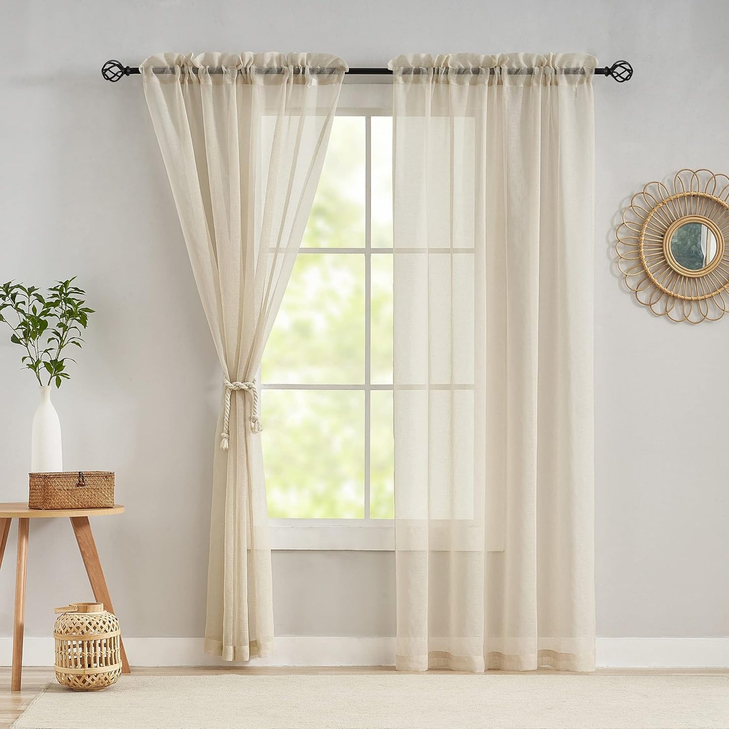 Demetex Sheer Linen Curtains 72 Inches Long Natrual Semi Sheer Curtain Decorative Panels for Living Room Bedroom Porch Window Dressing, 54 X 72 Inches, 2 Pieces, Beige  Demetex Sheer Linen W 54"X L 84" 