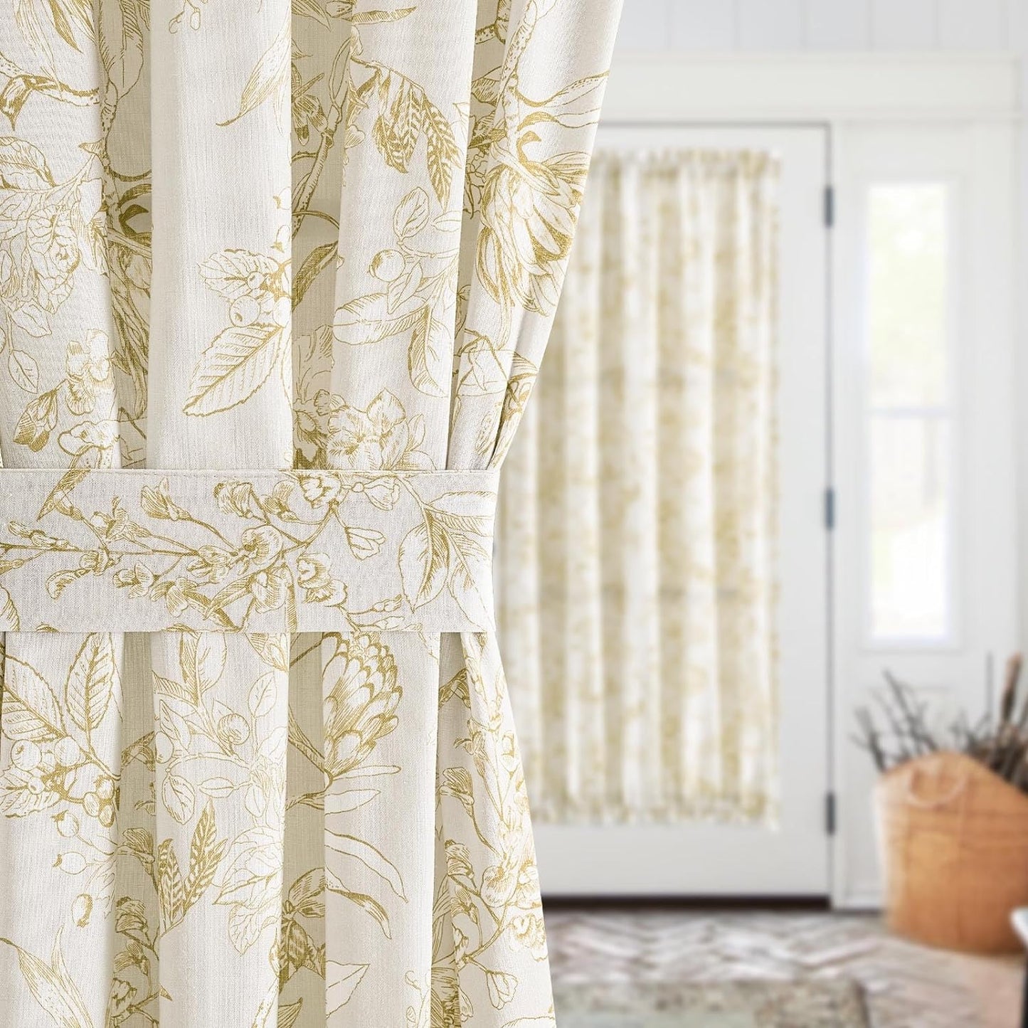 Jinchan French Door Curtain Farmhouse Floral Linen Curtain for Sliding Glass Door 72 Inches 1 Panel with Tieback Light Filtering Curtain for Door Window Patio Rod Pocket Yellow on Beige  CKNY HOME FASHION   