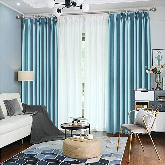 Pinch Pleat Solid Thermal Insulated 95% Sky Blueout Patio Door Curtain Panel Drape for Traverse Rod and Track, Sky Blue 84" W X 72" L (One Panel)