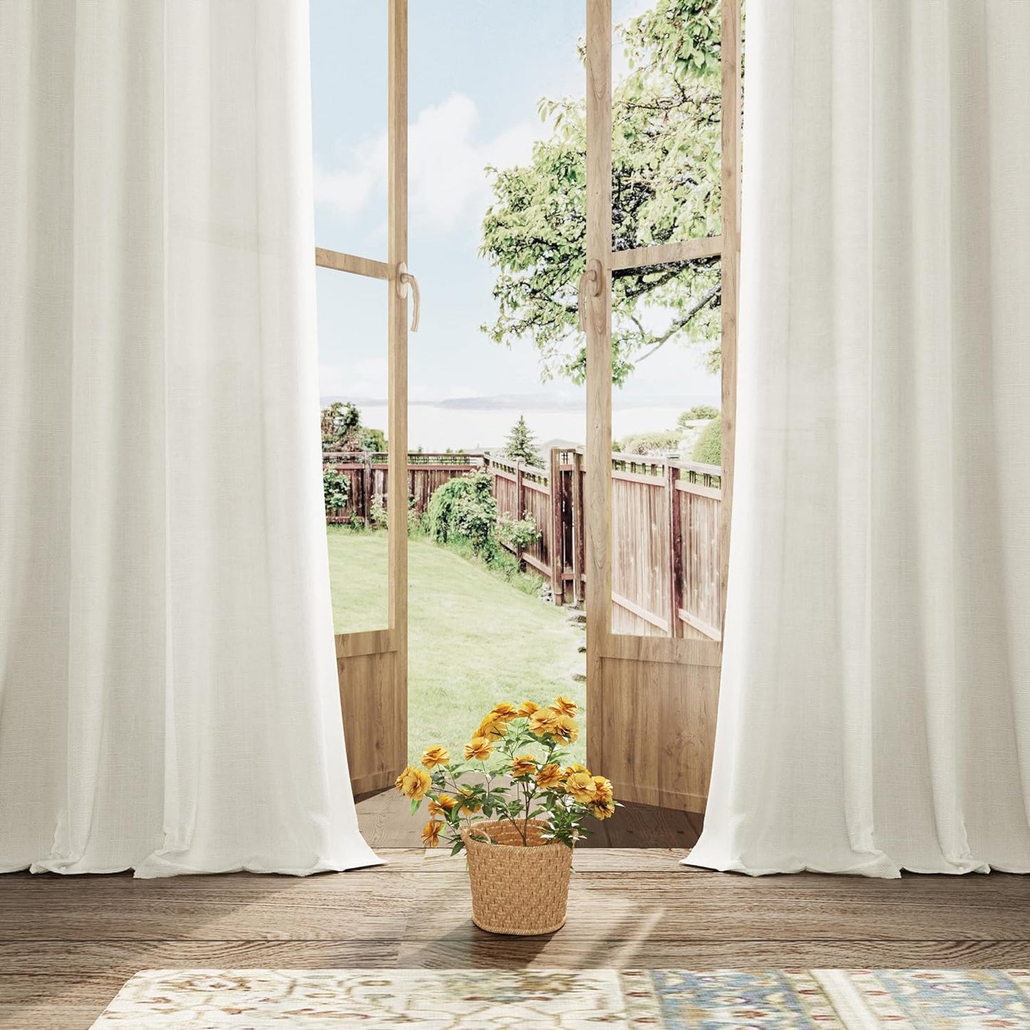 132 Inch Linen Curtains for High Ceiling Living Room Back Tab Hooks Pinch Pleat Custom Made Drape Semi Sheer Extra Long Curtain 132 Inches Long for 2 Story Windows Sliding Door Cream Ivory Birch  Aersas   