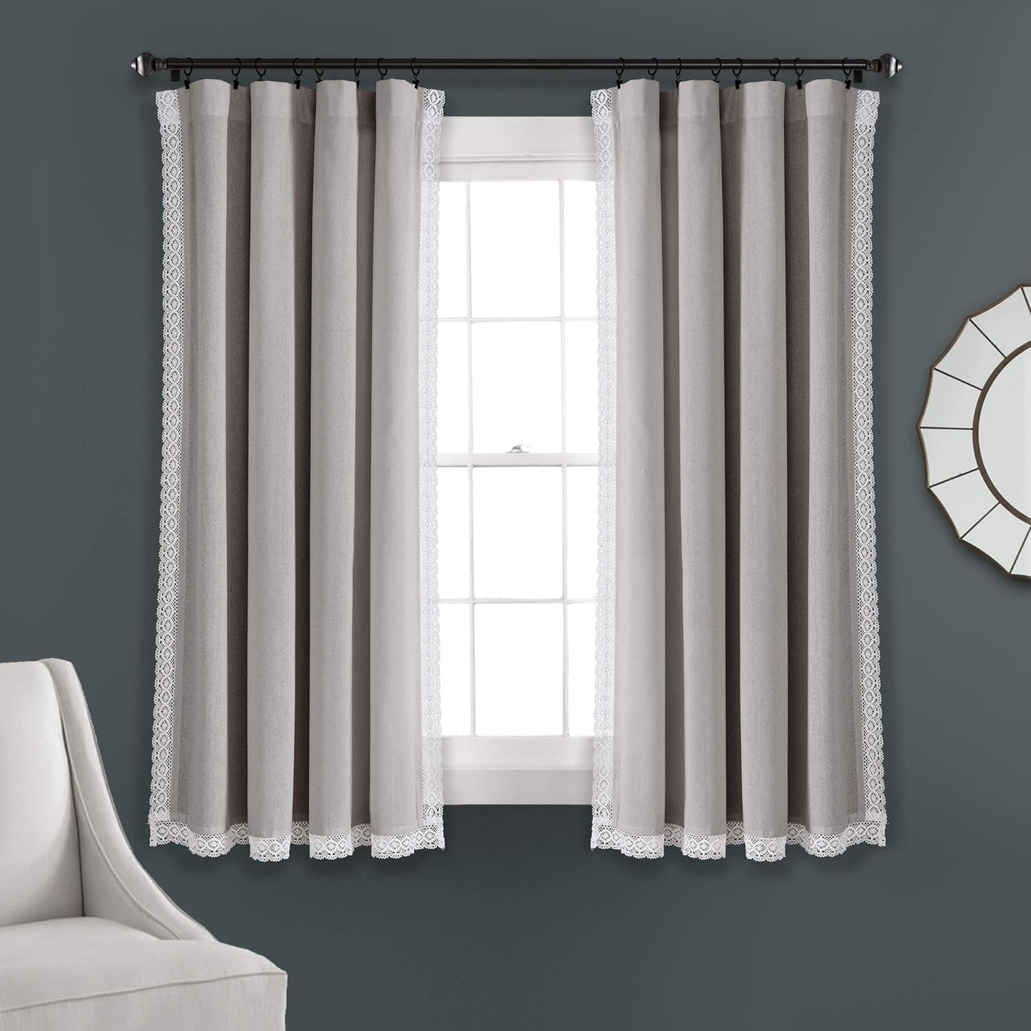 Lush Decor Rosalie Light Filtering Window Curtain Panel Set- Pair- Vintage Farmhouse & French Country Style Curtains - Timeless Dreamy Drape - Romantic Lace Trim - 54" W X 84" L, White  Triangle Home Fashions Light Gray Window Panel 54"W X 63"L