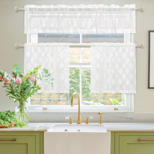 MYSKY HOME Semi-Sheer Kitchen Curtains Valance and Tiers Set Jacquard Rod Pocket Farmhouse Window Curtains White 24 Inch Length 3 Piece Set
