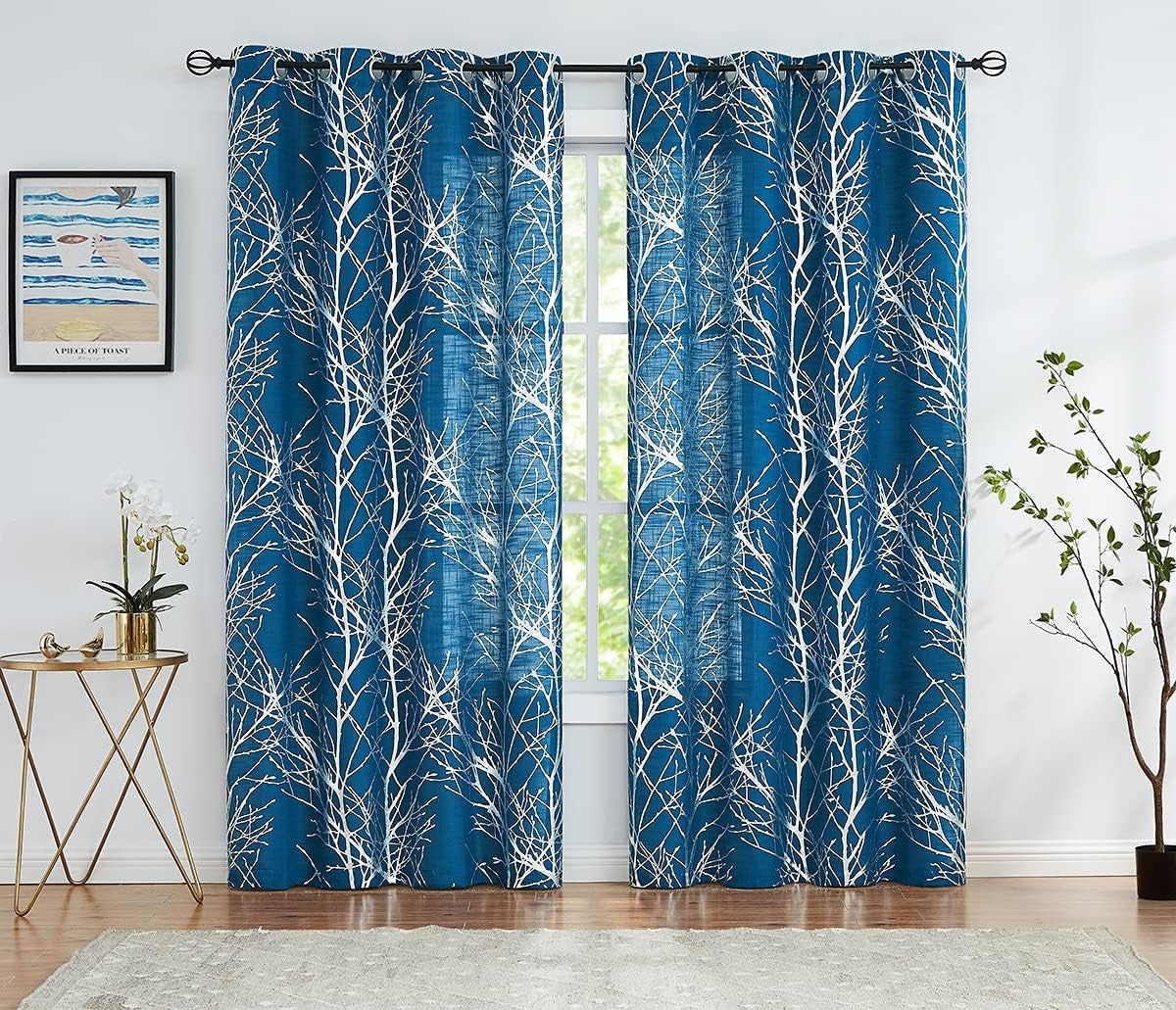 FMFUNCTEX Blue White Curtains for Kitchen Living Room 72“ Grey Tree Branches Print Curtain Set for Small Windows Linen Textured Semi-Sheer Drapes for Bedroom Grommet Top, 2 Panels  Fmfunctex Semi-Sheer: Navy + Foil Silver 50" X 84" |2Pcs 