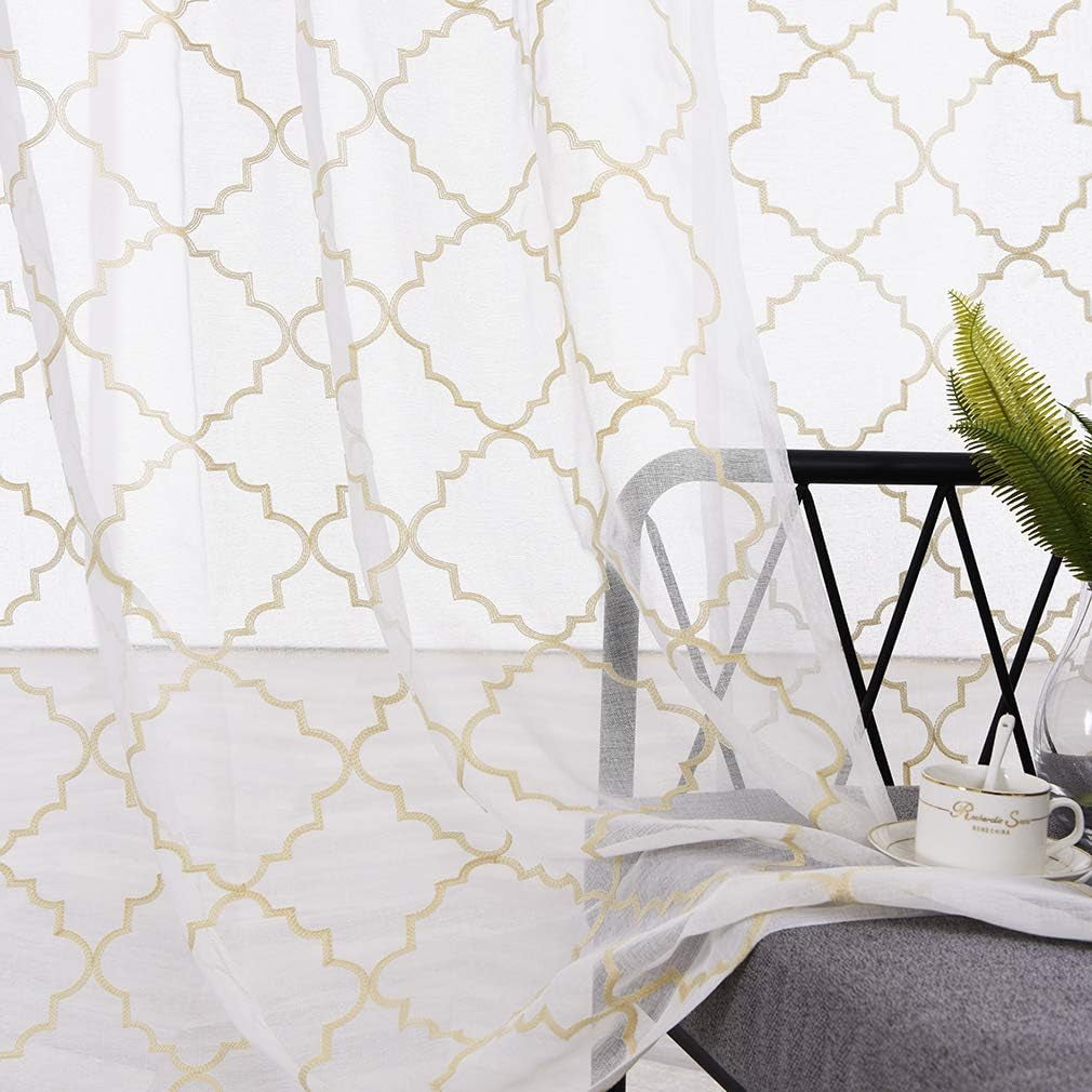 White Sheer Curtains 84 Inches Long, Rod Pocket Sheer Drapes for Living Room, Bedroom, 2 Panels, 52"X84", Embroidered Moroccan Tile Lattice Design Semi Voile Window Treatments for Yard, Patio, Villa.  Mystic Home Trellis Beige 52"Wx95"L 