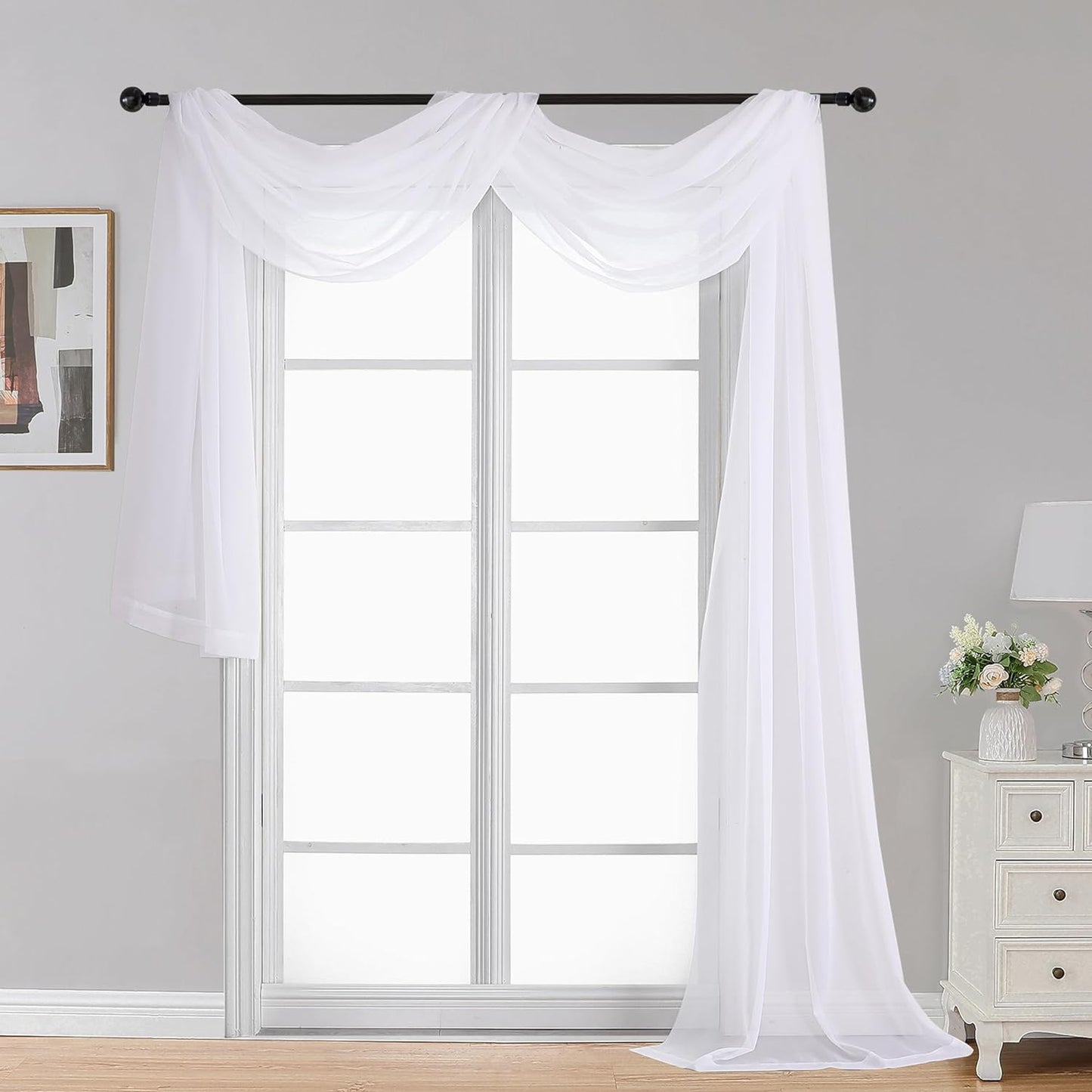 OWENIE White Sheer Valance for Window, Small Short Rod Pocket Voile Valance Curtain Window Treatment Decor for Living Room Bathroom Kitchen Cafe Laundry Basement, 60" W X 14" L  OWENIE White 42W X 216L 