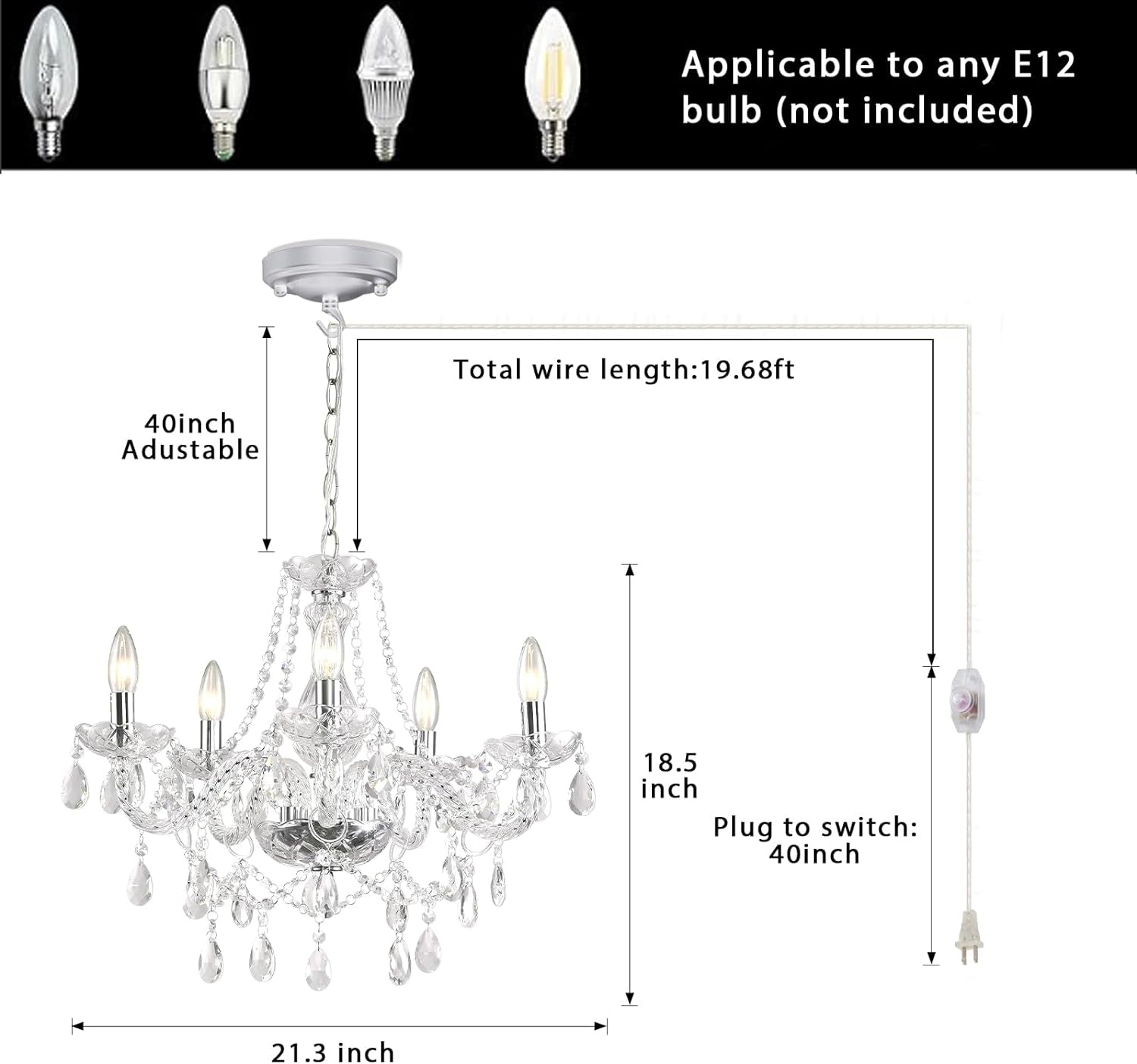 Dimmable Plug-In 5 Light Crystal Chandelier with Cord Glass, Chrome Candle Style Hanging Swag Lighting, K9 Crystals Beads Modern Pendant Light Fixtures Ceiling for Dining Living Room Bedroom