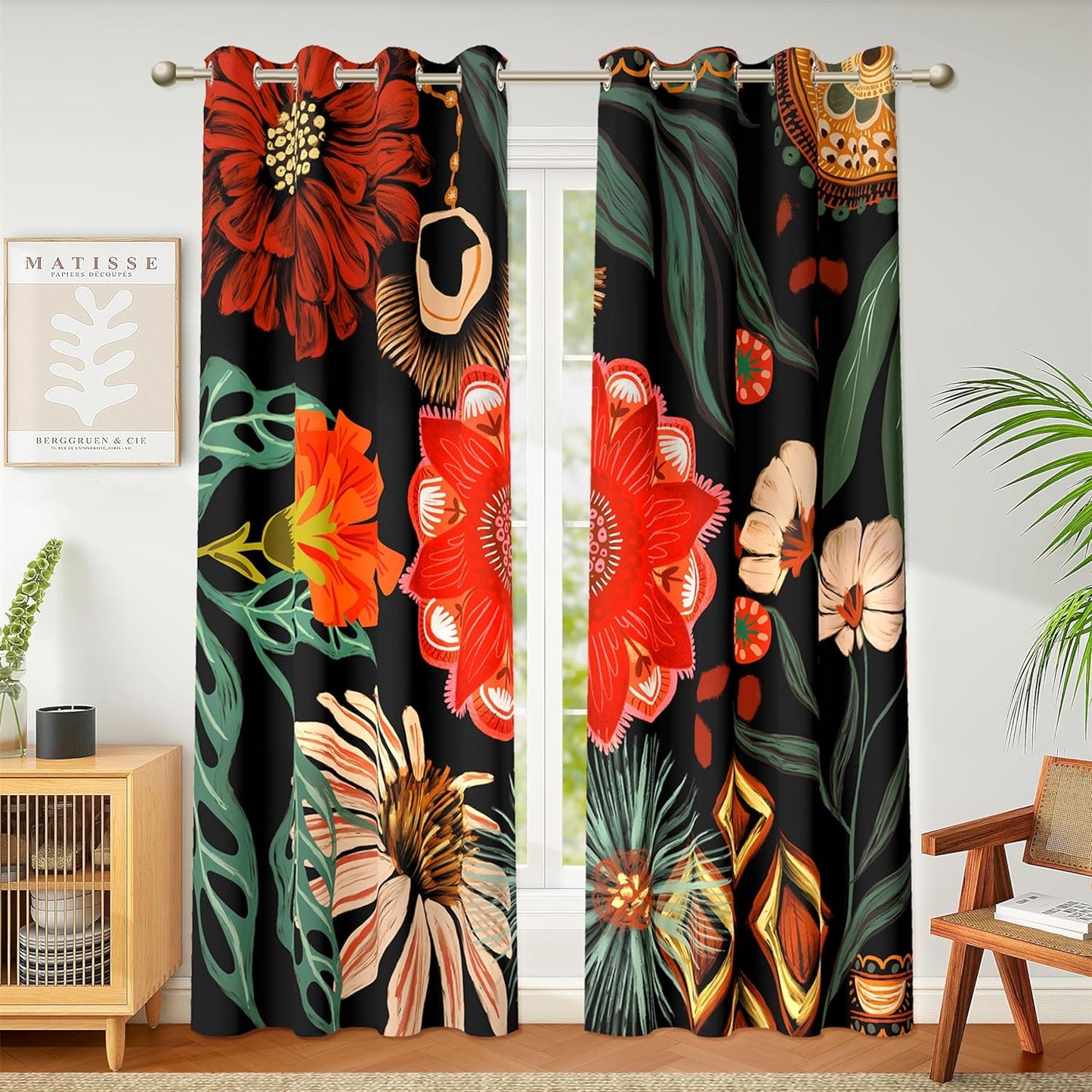 Boho Floral 100% Blackout Curtains for Living Room 96 Inch Long 2 Panels Mid Century Botanical Black Out Curtains for Bedroom Grommet Thermal Insulated Room Darkening Window Drapes,52Wx96L  Tyrot Black Boho Floral Print 52W X 72L Inch X 2 Panels 