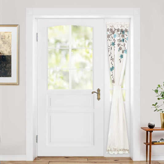 Driftaway Isabella Faux Silk Embroidered Crafted Flower Door Curtain Sidelight Rod Pocket Room Darkening Front Door 1 Panel with Adjustable Tieback 25 Inch by 72 Inch plus 1.5 Inch Header Blue  DriftAway Ivory/Blue 25”X72” 