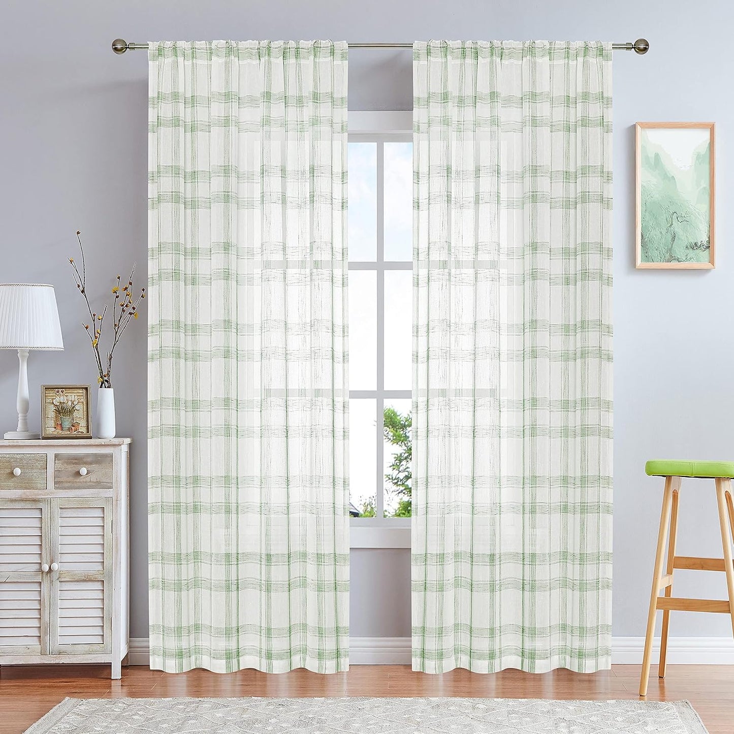 Randall Geometric Check Curtain Panel 95 Inches Long for Living Room Linen Blend Semi Sheer Backtab Rod Pocket Farmhouse Style Window Treatment Drape Sets for Bedroom, 54Wx95Lx2, Blue/White  Randall Sage/Green 54"X84"X2 