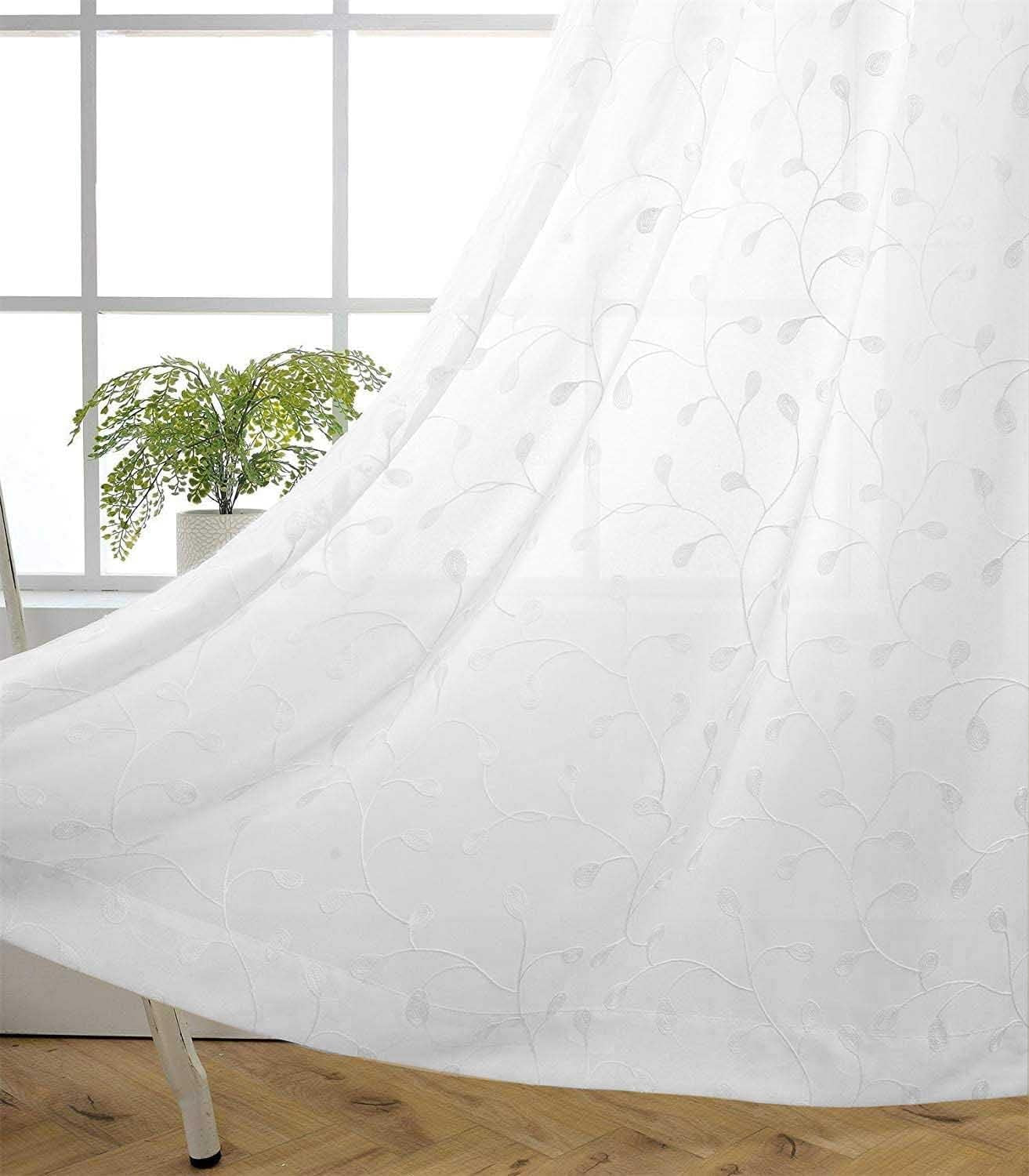 MIUCO Floral Embroidered Semi Sheer Curtains Faux Linen Grommet Curtains for Girls Room 52 X 84 Inch Set of 2, off White  MIUCO Pure White 52X84 Inch 