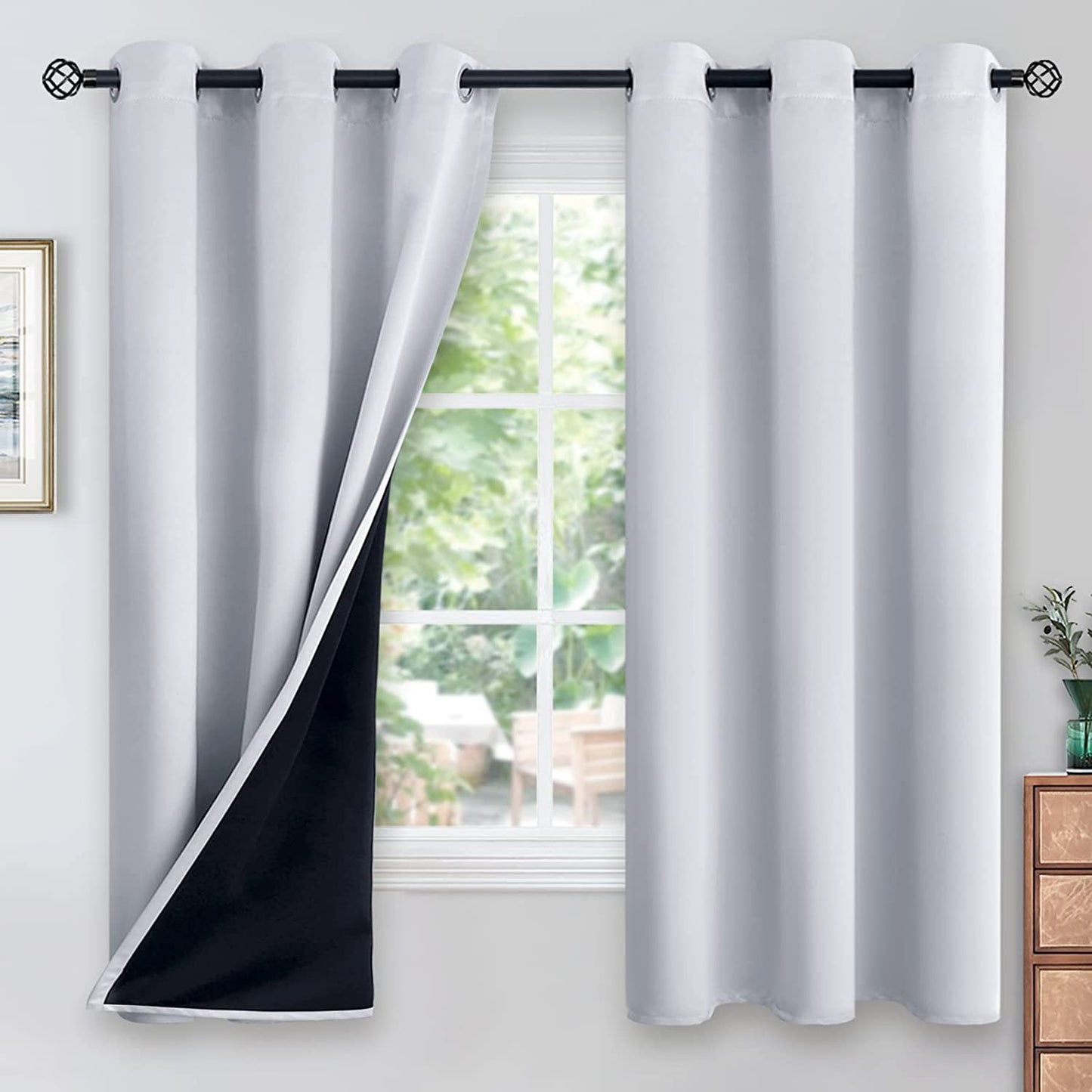 Youngstex Black 100% Blackout Curtains 63 Inches for Bedroom Thermal Insulated Total Room Darkening Curtains for Living Room Window with Black Back Grommet, 2 Panels, 42 X 63 Inch  YoungsTex Greyish White 42W X 63L 