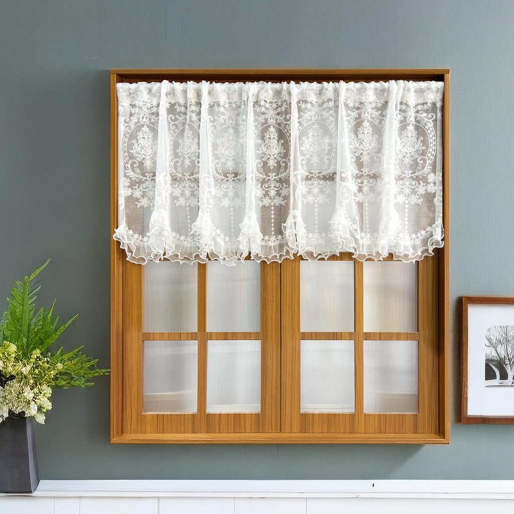 1 Panel European Floral Embroidery Sheer Linen Curtain with Ruffled Lace Princess Style Short Curtain Valance Tier for Doorway Kitchen Bathroom Window, Rod Pocket Top (W78 X L25.5 Inches,White)