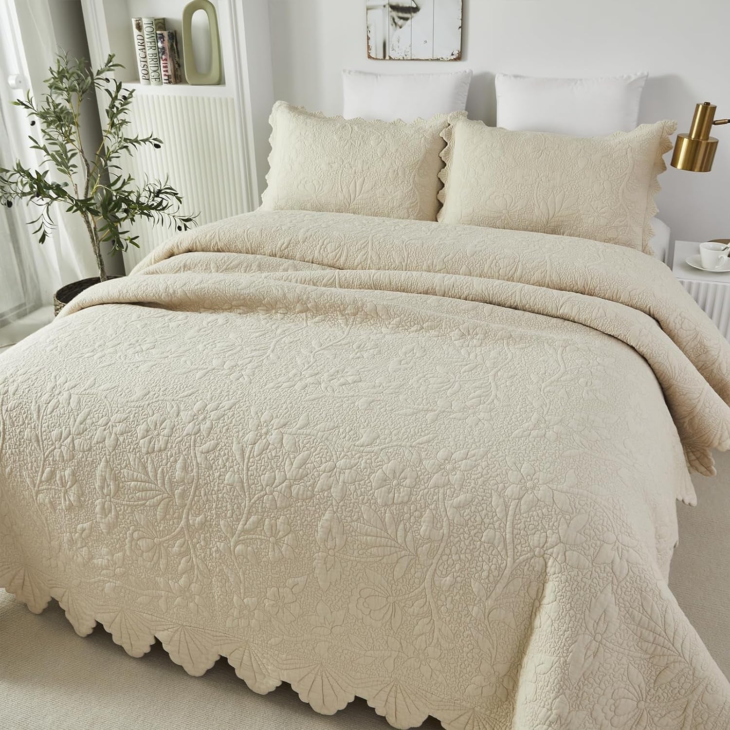 Brandream White Quilts Set Queen Size Bedspreads Farmhouse Bedding 100% Cotton Quilted Bedspreads
