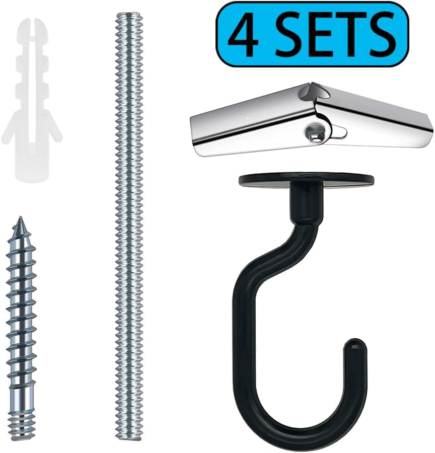 4 Sets Large Swag Ceiling Hooks Heavy Duty Swag Hook with Hardware for Hanging Plants Ceiling Installation Cavity Wall Fixing (4 Sets Black)