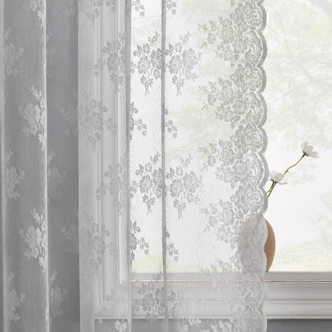 Kotile Sage Green Sheer Valance Curtain for Windows, Rustic Floral Spring Sheer Window Valance Curtain 18 Inch Length, Light Filtering Rod Pocket Lace Valance, 52 X 18 Inch, 1 Panel, Sage Green  Kotile Textile Grey 52 In X 72 In (W X L) 