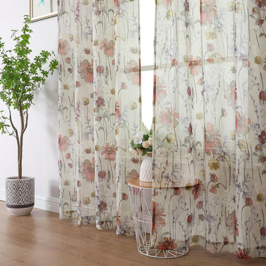 OWENIE Crushed Semi Sheer Curtains 72 Inches Length 2 Panels, Floral Pattern Design Rod Pocket Light Filtering Farmhouse Curtains for Bedroom Living Room, 2 Pieces Total 84 Inch Wide, 72 Inch Long  OWENIE Multi Color 42"Wx72"L | 2Pcs 