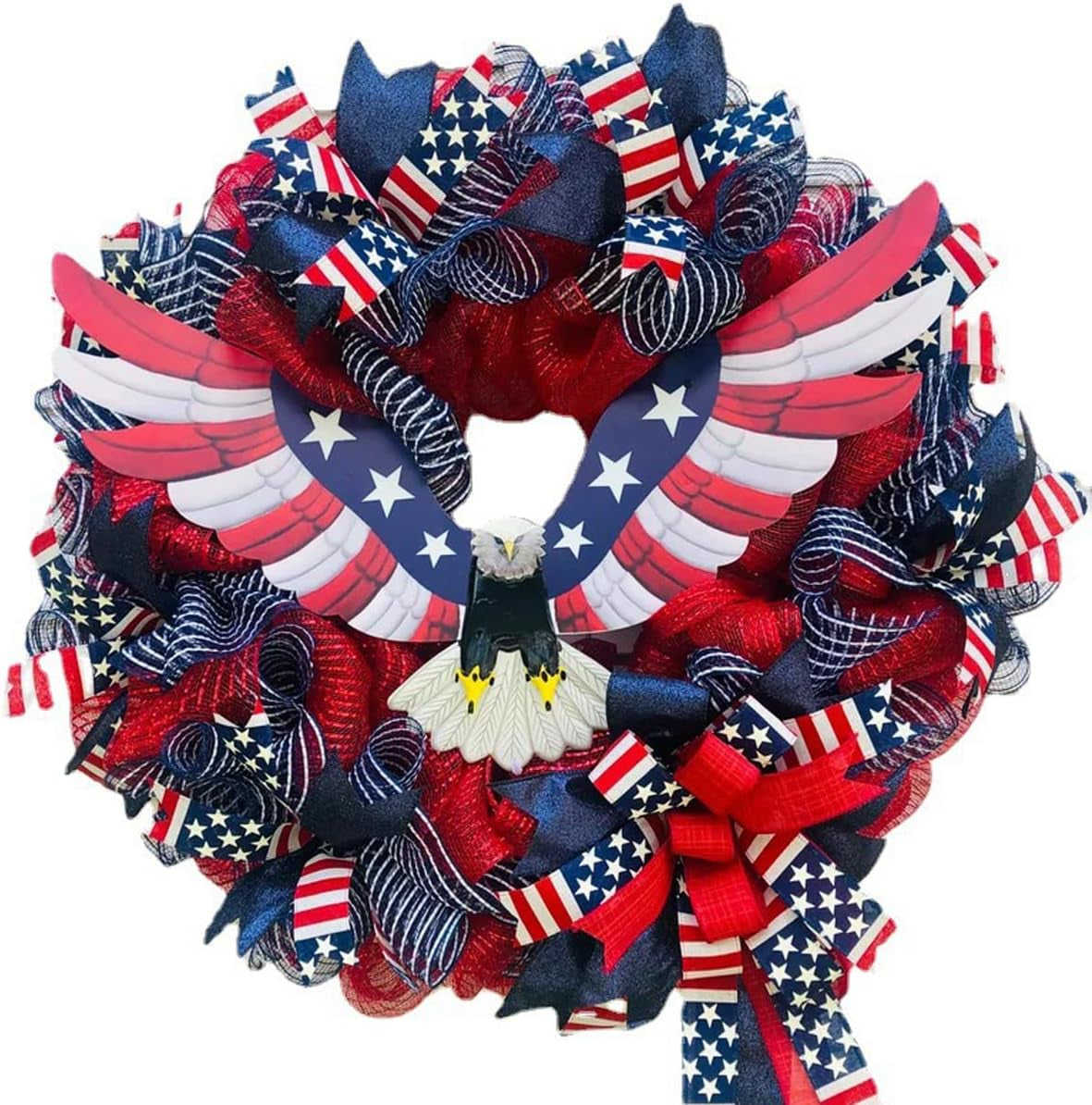 American Flag Bald Eagle Wreath, 4Th July Memorial Day Wreath for Front Door, Handcrafted America Flag Farmhouse Wreath, Summer Patriotic Flag Garland