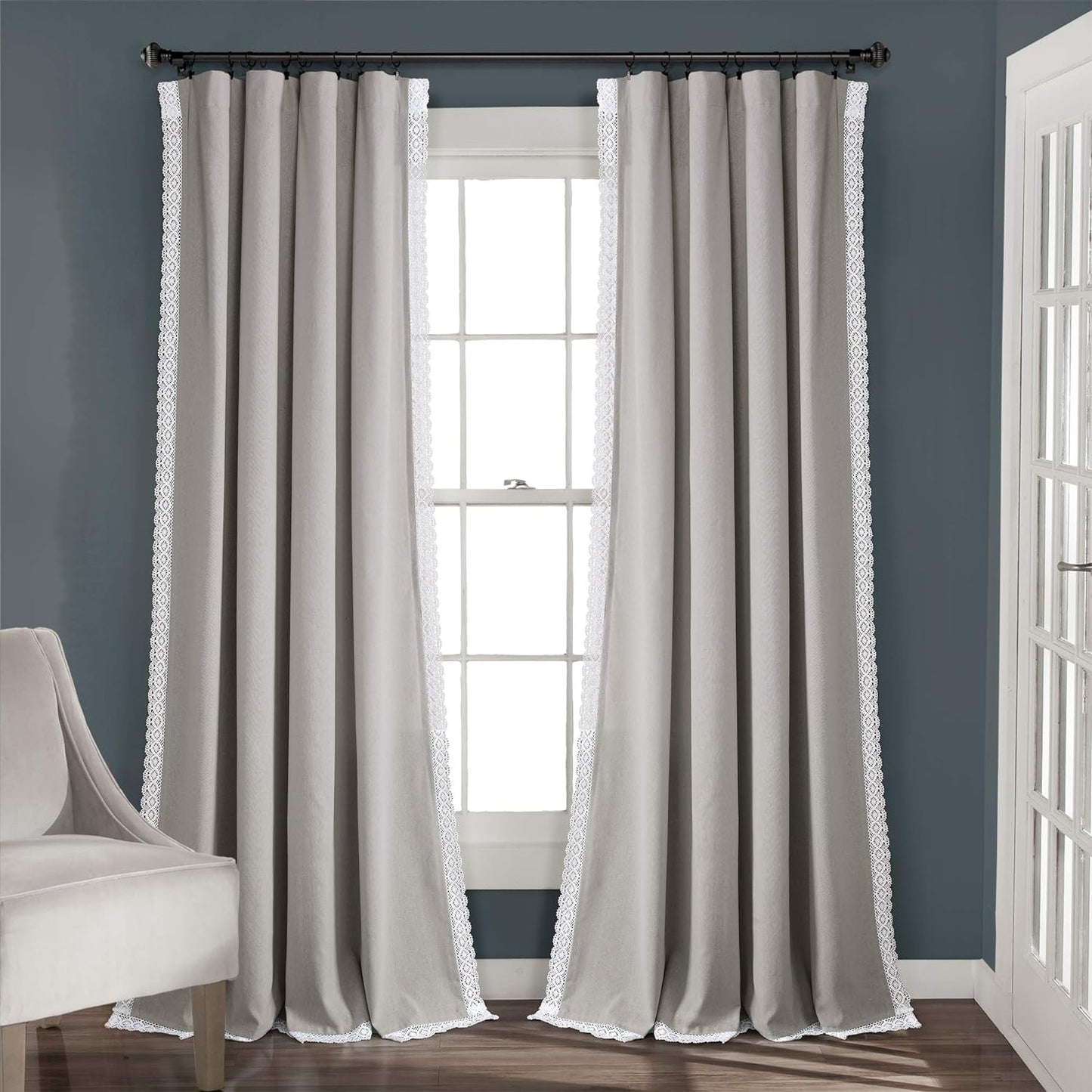 Lush Decor Rosalie Light Filtering Window Curtain Panel Set- Pair- Vintage Farmhouse & French Country Style Curtains - Timeless Dreamy Drape - Romantic Lace Trim - 54" W X 84" L, White  Triangle Home Fashions Light Gray Window Panel 54"W X 108"L